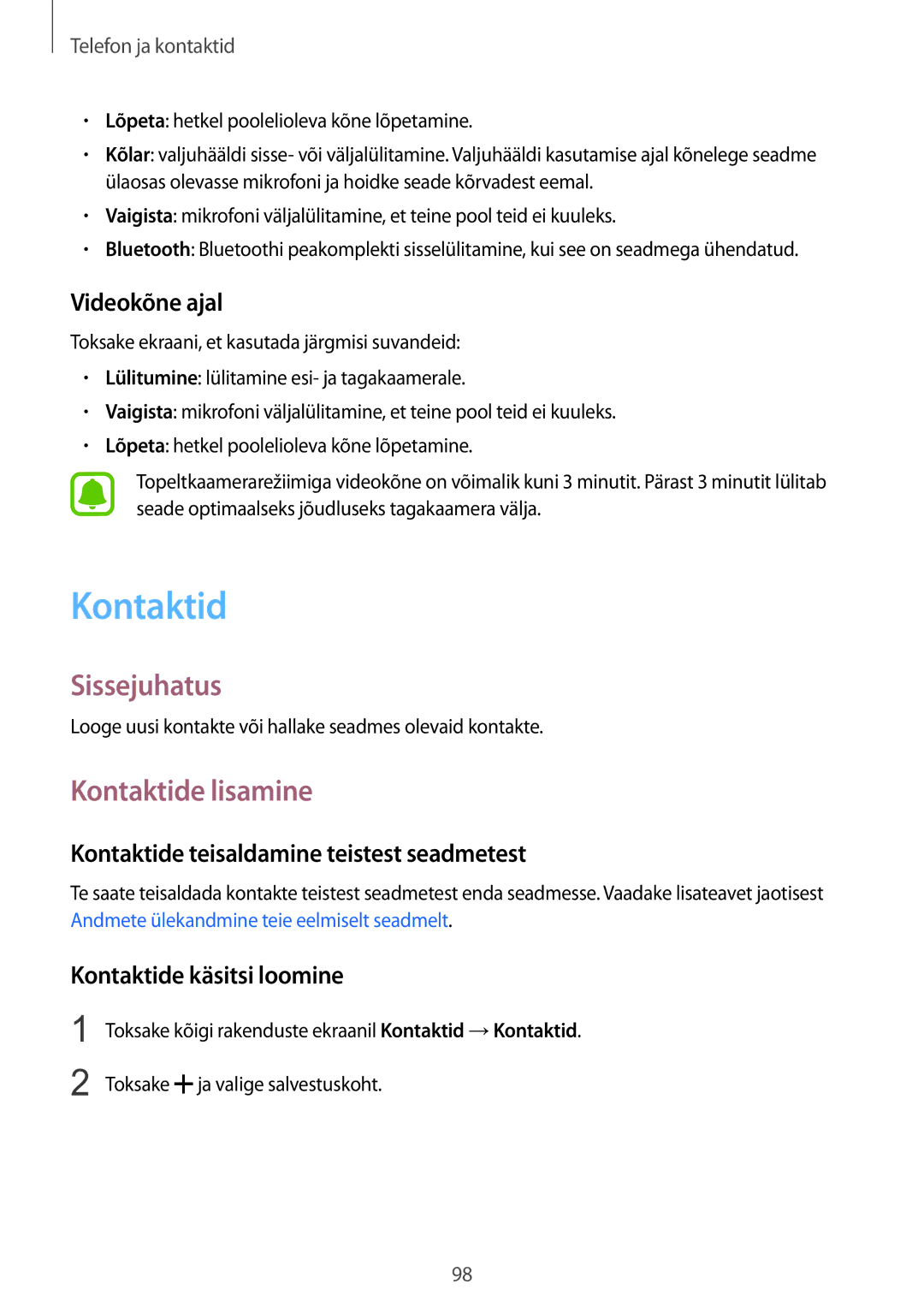 Samsung SM-N915FZKYSEB manual Kontaktide lisamine, Videokõne ajal, Kontaktide teisaldamine teistest seadmetest 