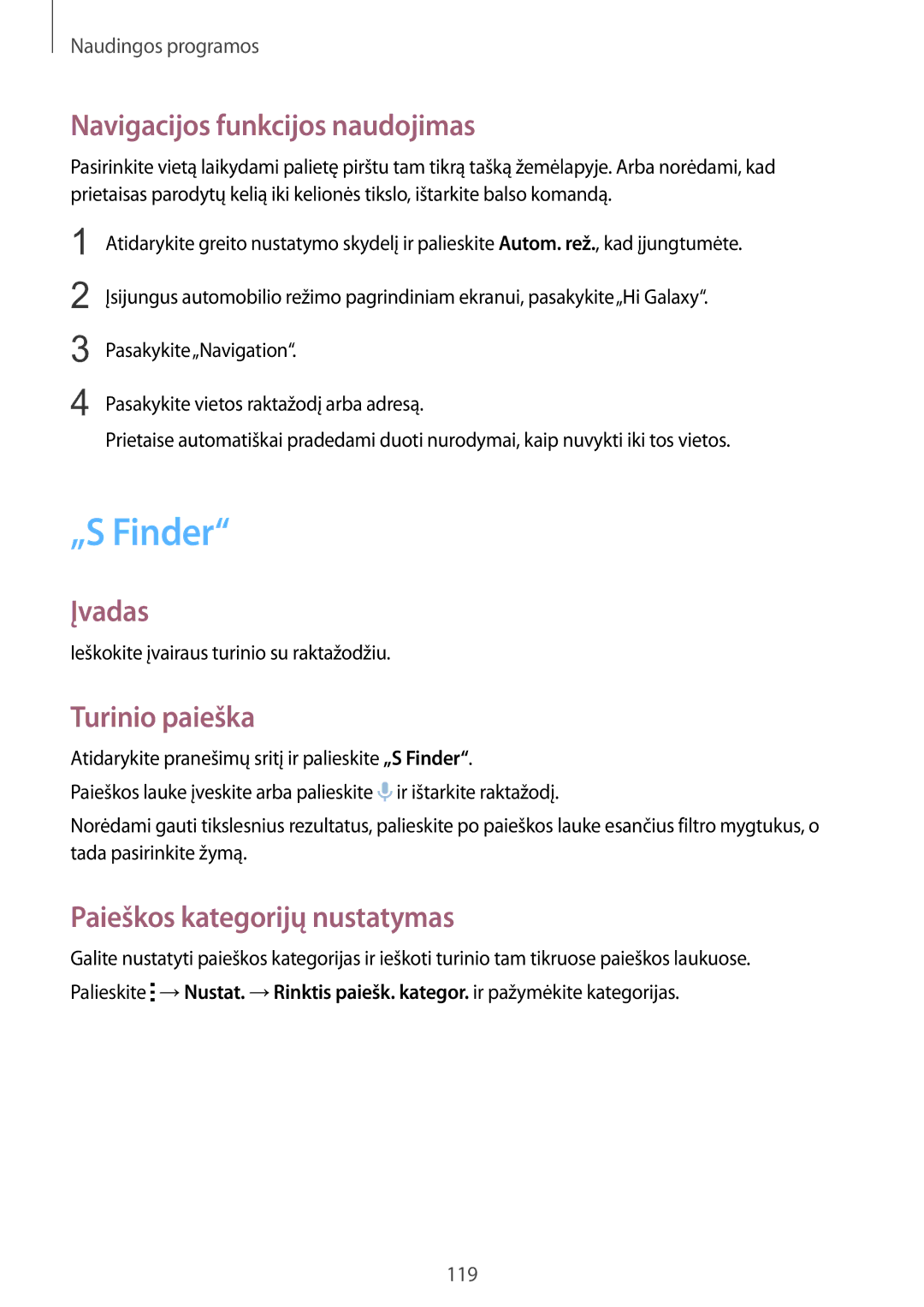 Samsung SM-N915FZWYSEB manual „S Finder, Navigacijos funkcijos naudojimas, Turinio paieška, Paieškos kategorijų nustatymas 