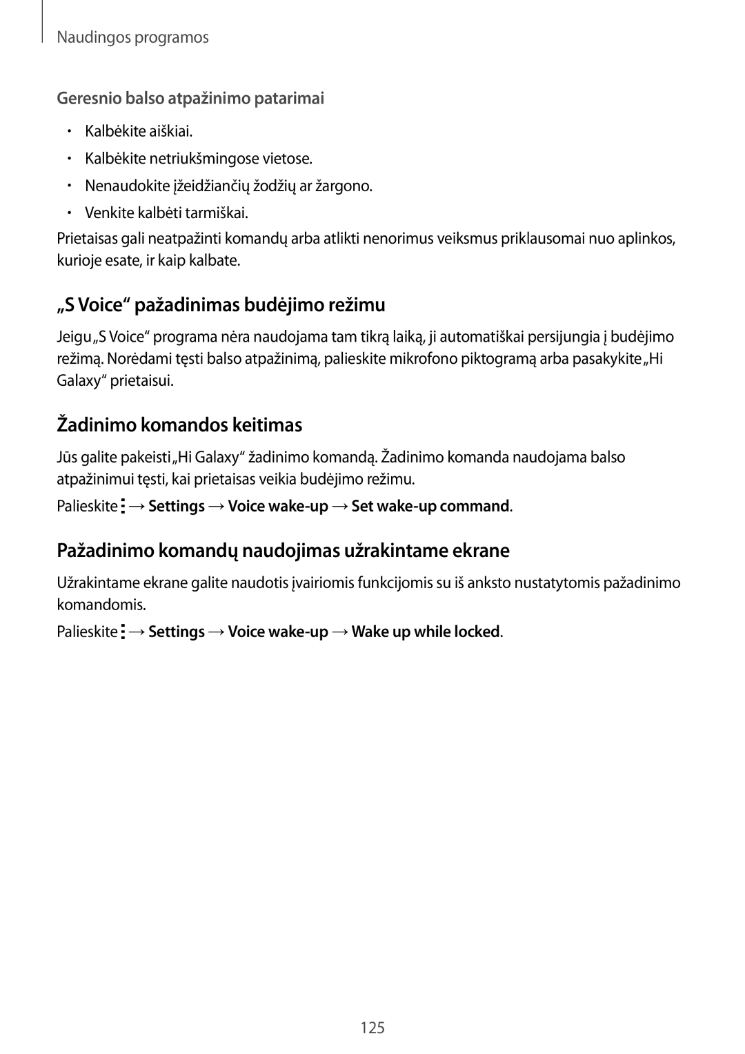 Samsung SM-N915FZWYSEB, SM-N915FZKYSEB manual „S Voice pažadinimas budėjimo režimu, Žadinimo komandos keitimas 