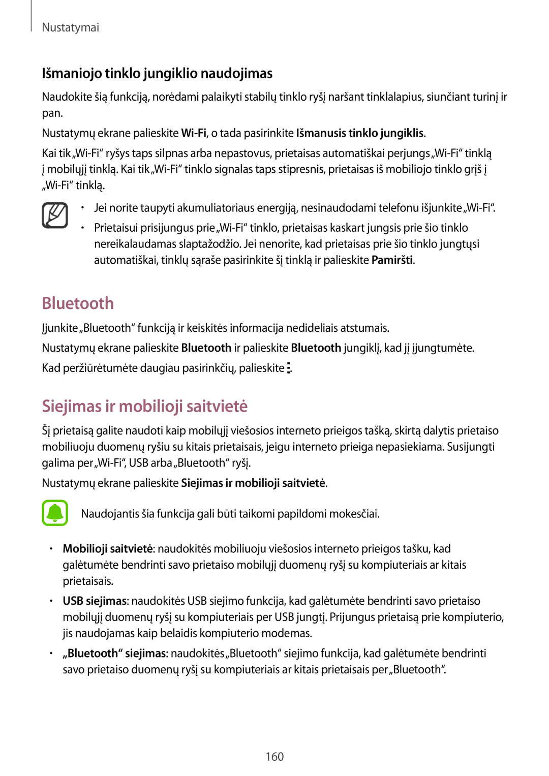 Samsung SM-N915FZKYSEB, SM-N915FZWYSEB Bluetooth, Siejimas ir mobilioji saitvietė, Išmaniojo tinklo jungiklio naudojimas 