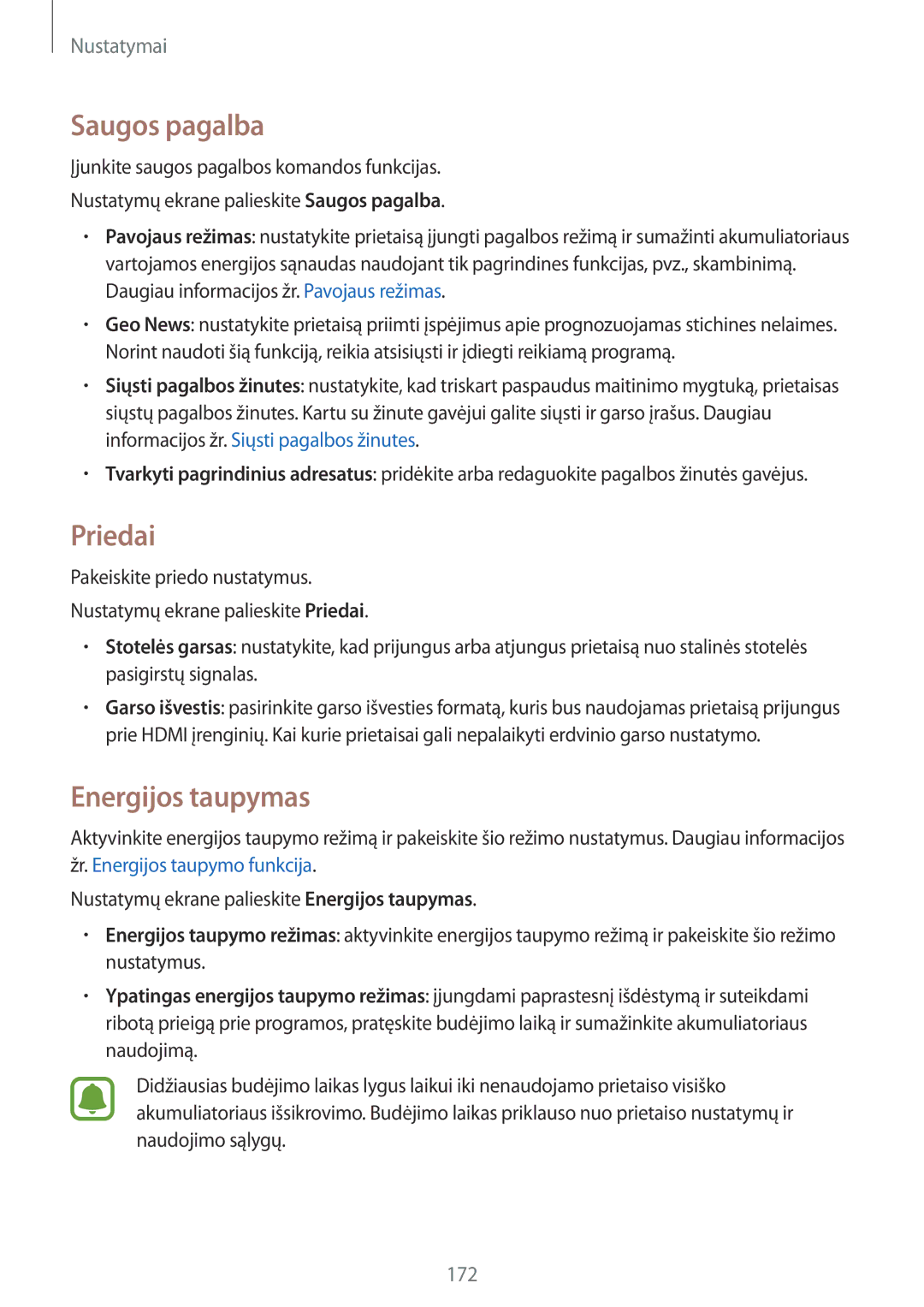 Samsung SM-N915FZKYSEB, SM-N915FZWYSEB manual Saugos pagalba, Priedai, Energijos taupymas 