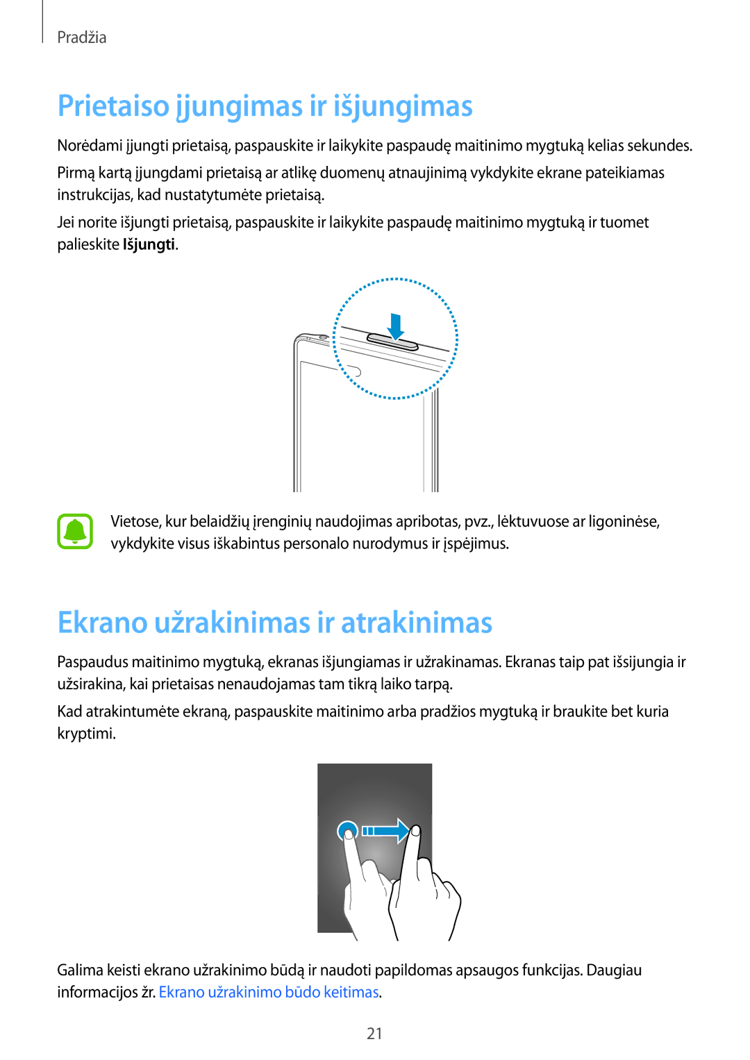 Samsung SM-N915FZWYSEB, SM-N915FZKYSEB manual Prietaiso įjungimas ir išjungimas, Ekrano užrakinimas ir atrakinimas 