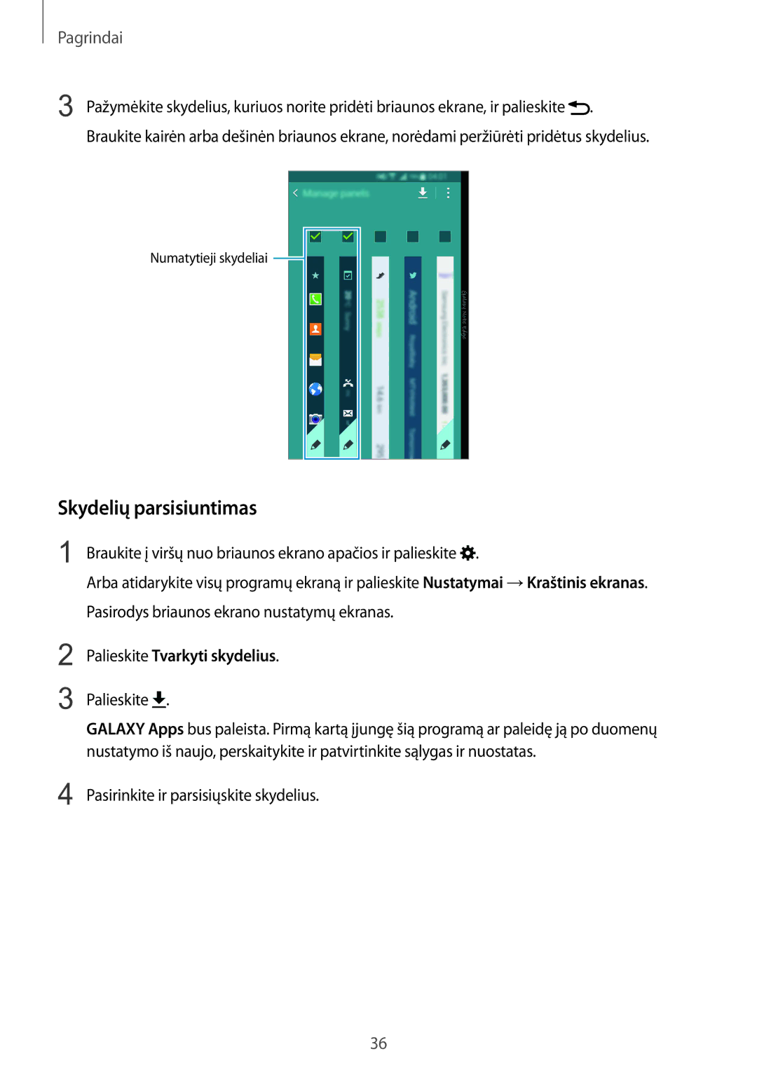 Samsung SM-N915FZKYSEB, SM-N915FZWYSEB manual Skydelių parsisiuntimas, Palieskite, Pasirinkite ir parsisiųskite skydelius 