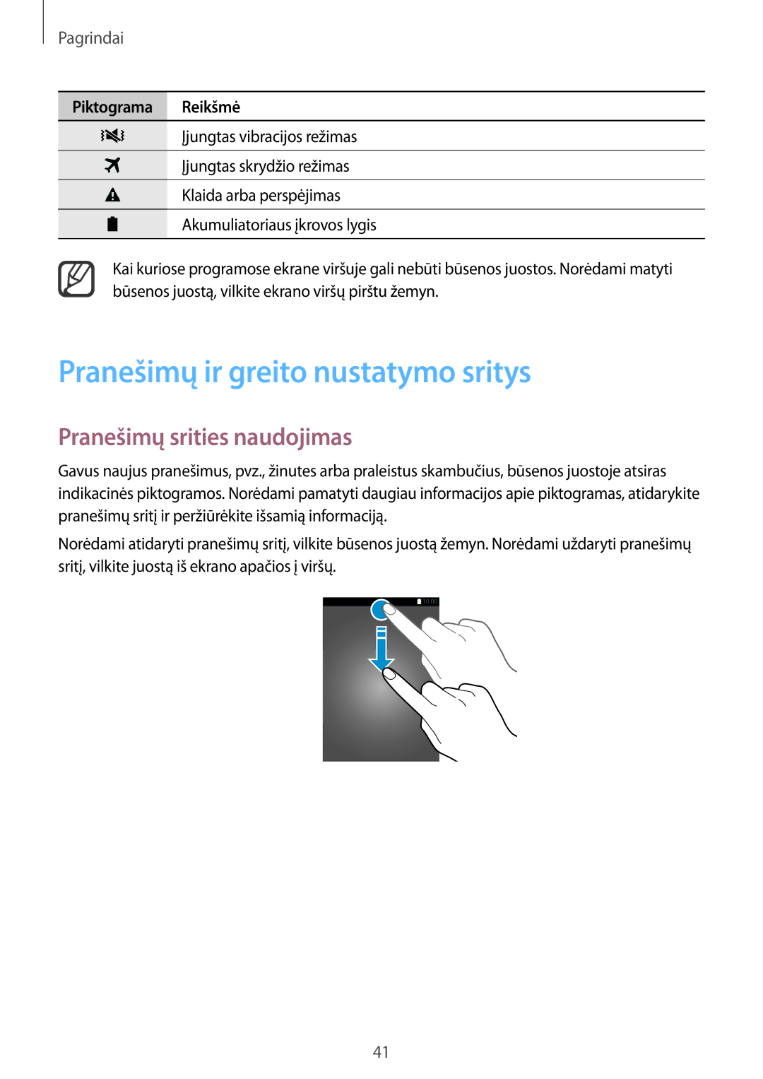 Samsung SM-N915FZWYSEB, SM-N915FZKYSEB manual Pranešimų ir greito nustatymo sritys, Pranešimų srities naudojimas 