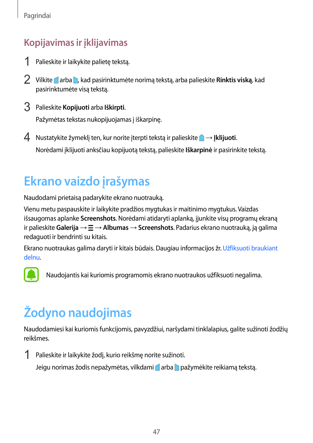 Samsung SM-N915FZWYSEB, SM-N915FZKYSEB manual Ekrano vaizdo įrašymas, Žodyno naudojimas, Kopijavimas ir įklijavimas 