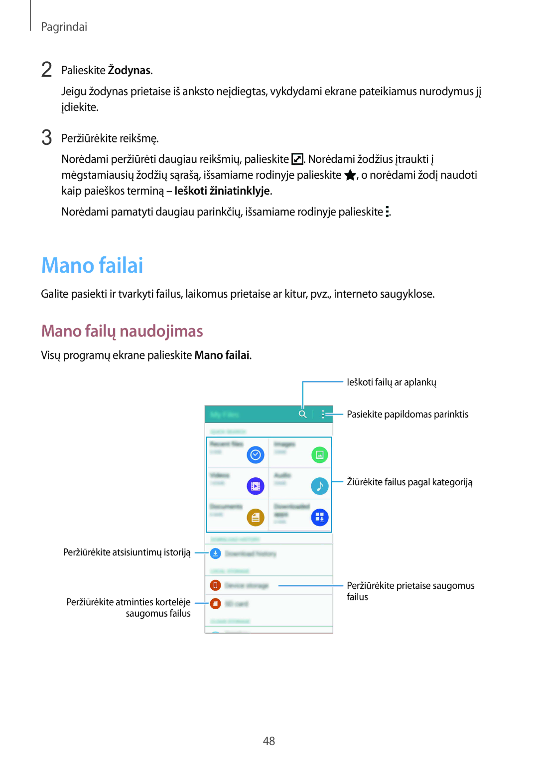 Samsung SM-N915FZKYSEB, SM-N915FZWYSEB manual Mano failų naudojimas, Visų programų ekrane palieskite Mano failai 