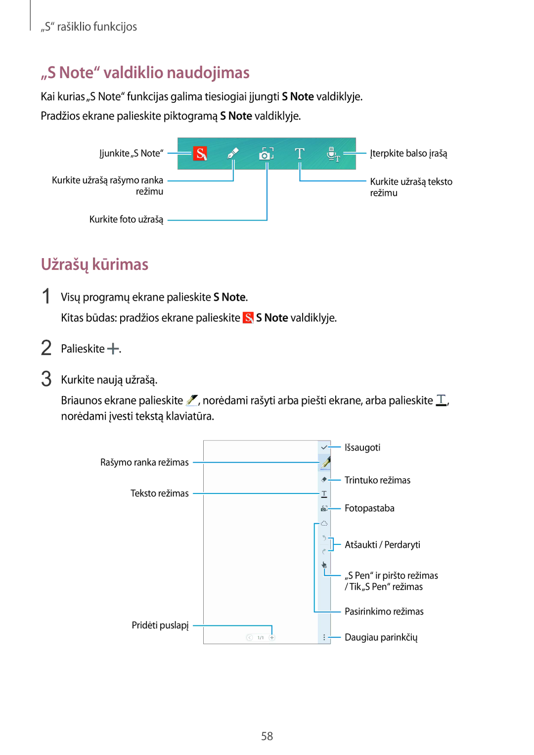 Samsung SM-N915FZKYSEB, SM-N915FZWYSEB manual „S Note valdiklio naudojimas, Užrašų kūrimas 