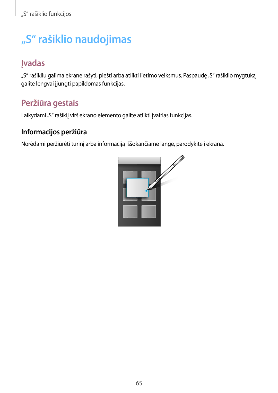 Samsung SM-N915FZWYSEB, SM-N915FZKYSEB manual „S rašiklio naudojimas, Peržiūra gestais, Informacijos peržiūra 