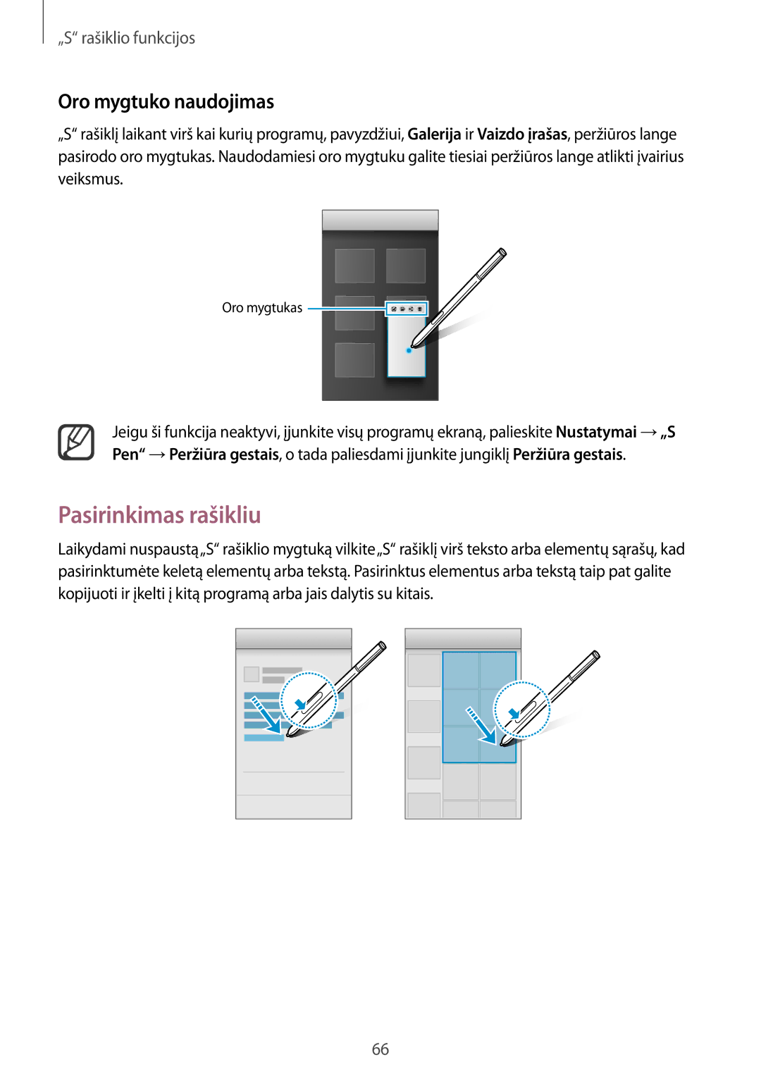 Samsung SM-N915FZKYSEB, SM-N915FZWYSEB manual Pasirinkimas rašikliu, Oro mygtuko naudojimas 