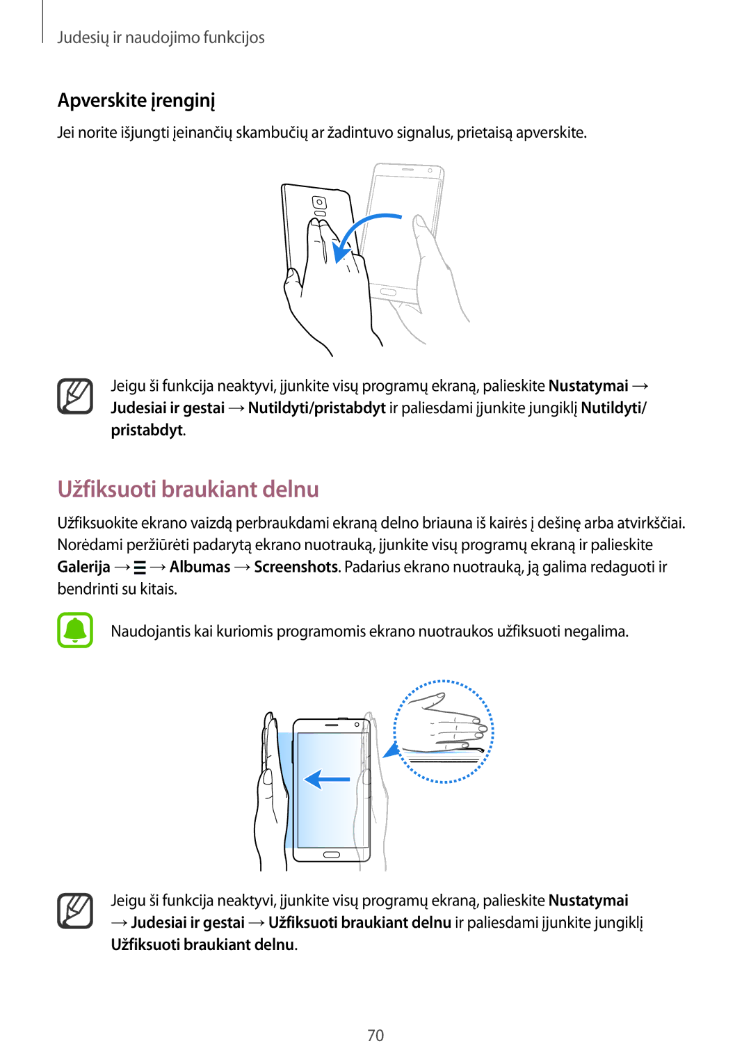 Samsung SM-N915FZKYSEB, SM-N915FZWYSEB manual Užfiksuoti braukiant delnu, Apverskite įrenginį 