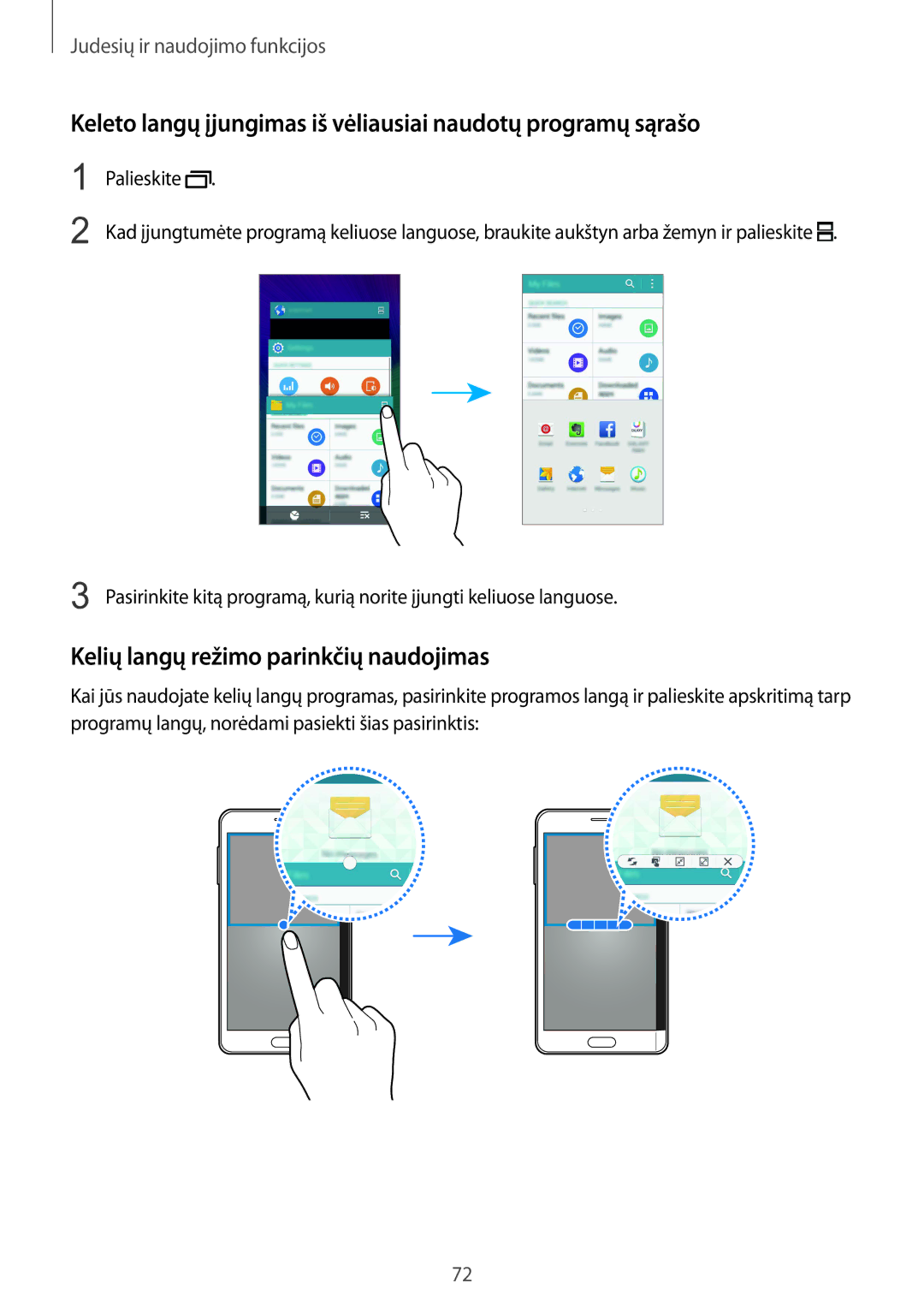 Samsung SM-N915FZKYSEB, SM-N915FZWYSEB manual Keleto langų įjungimas iš vėliausiai naudotų programų sąrašo 