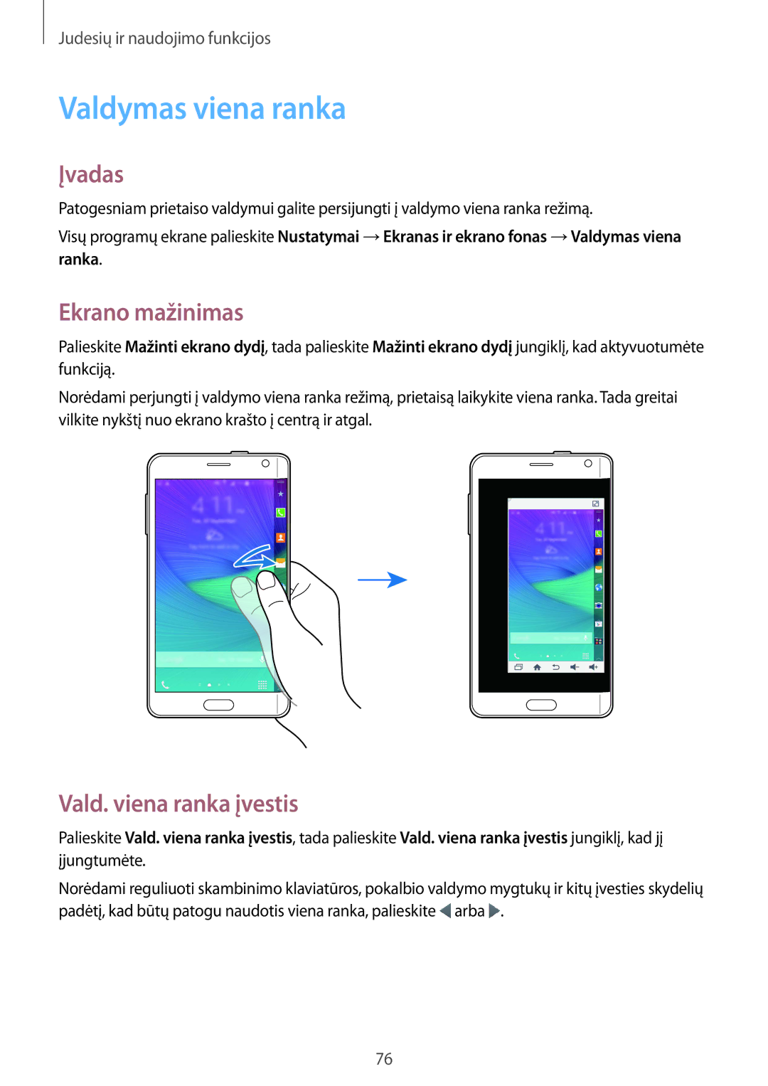 Samsung SM-N915FZKYSEB, SM-N915FZWYSEB manual Valdymas viena ranka, Ekrano mažinimas, Vald. viena ranka įvestis 
