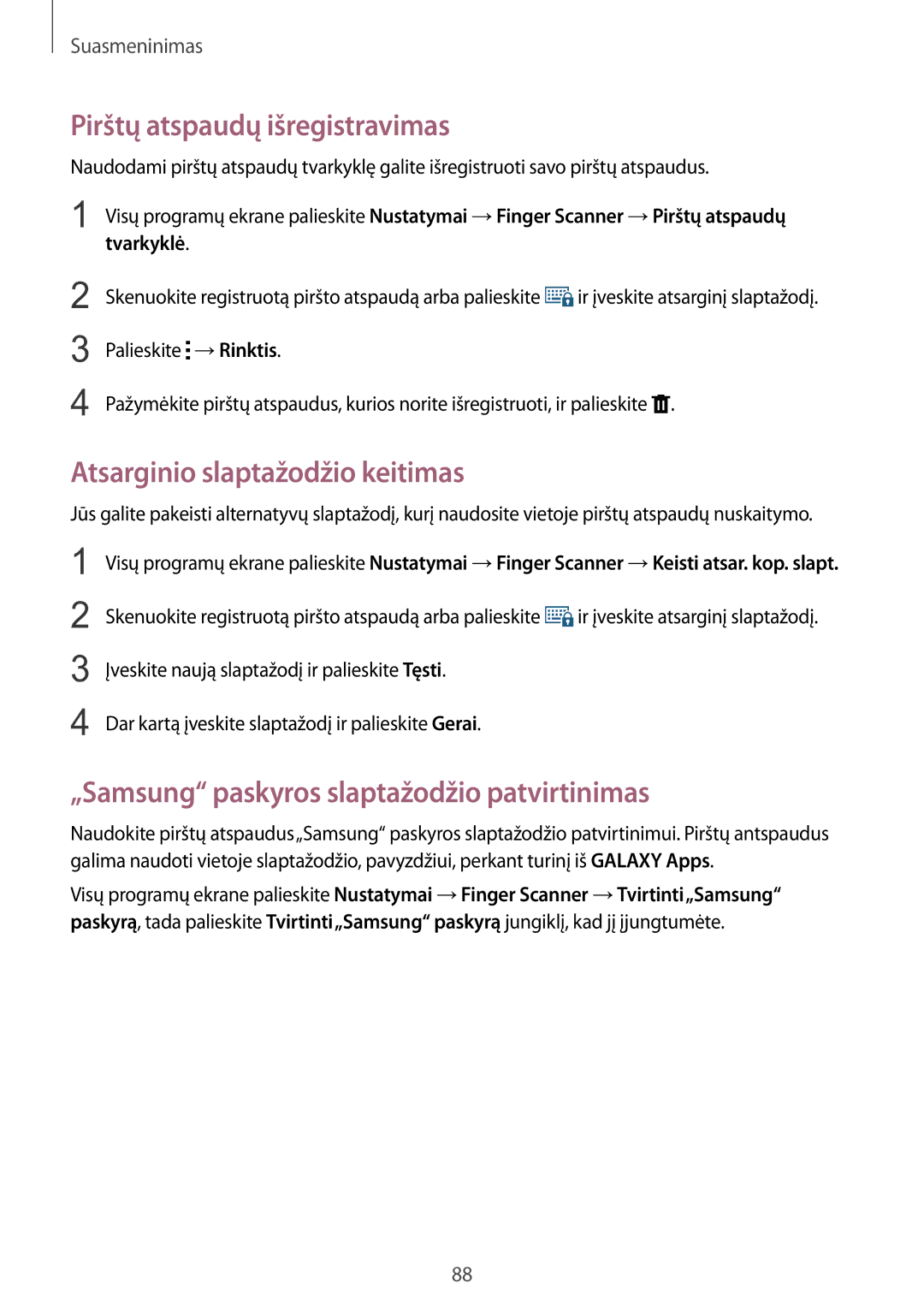 Samsung SM-N915FZKYSEB, SM-N915FZWYSEB manual Pirštų atspaudų išregistravimas, Atsarginio slaptažodžio keitimas 