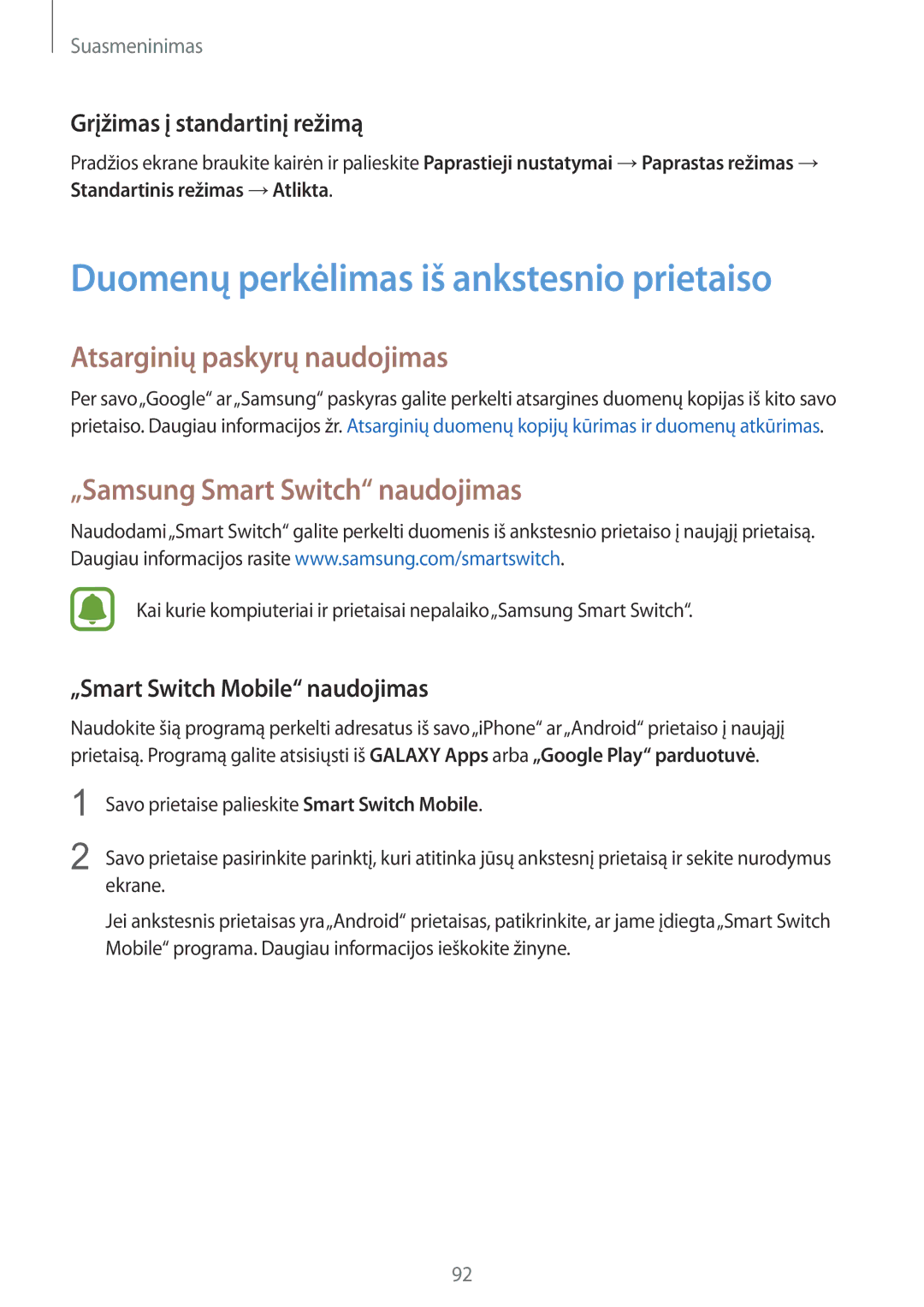 Samsung SM-N915FZKYSEB, SM-N915FZWYSEB manual Duomenų perkėlimas iš ankstesnio prietaiso, Atsarginių paskyrų naudojimas 