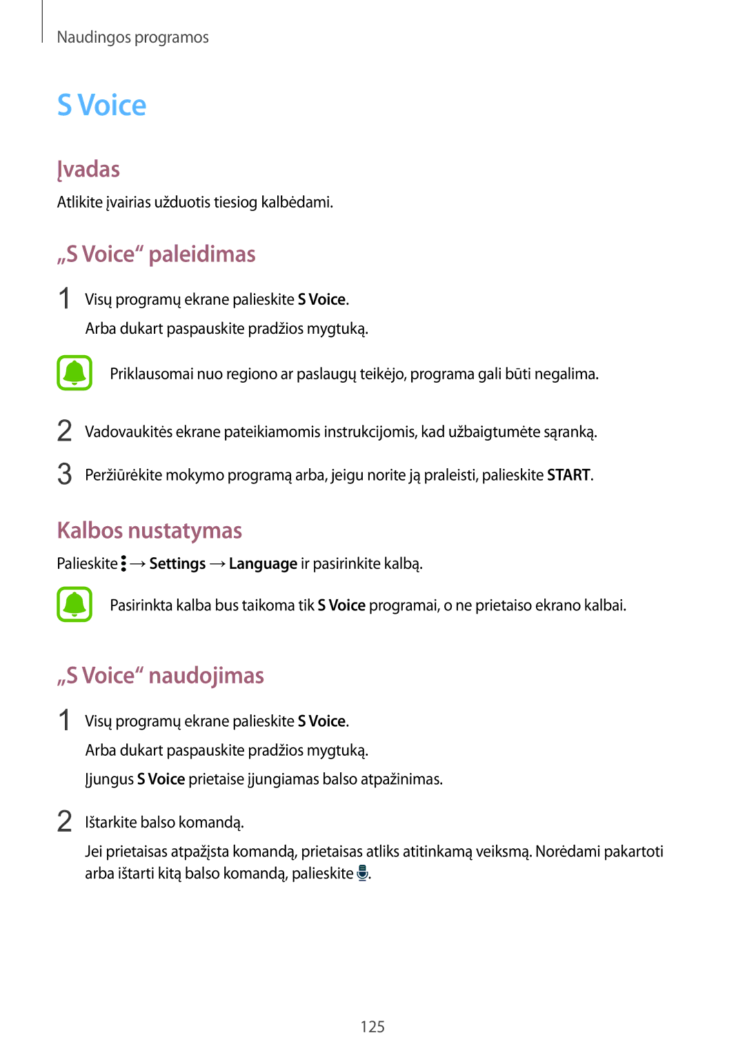 Samsung SM-N915FZWYSEB, SM-N915FZKYSEB manual „S Voice paleidimas, Kalbos nustatymas, „S Voice naudojimas 