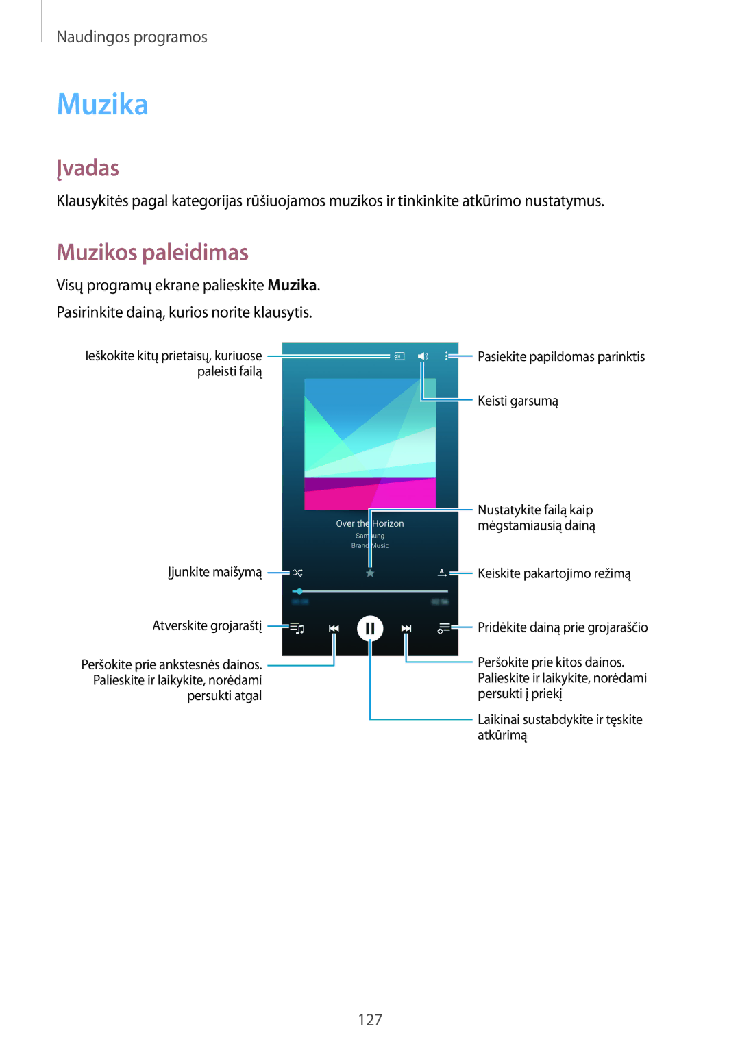 Samsung SM-N915FZWYSEB, SM-N915FZKYSEB manual Muzika, Muzikos paleidimas 