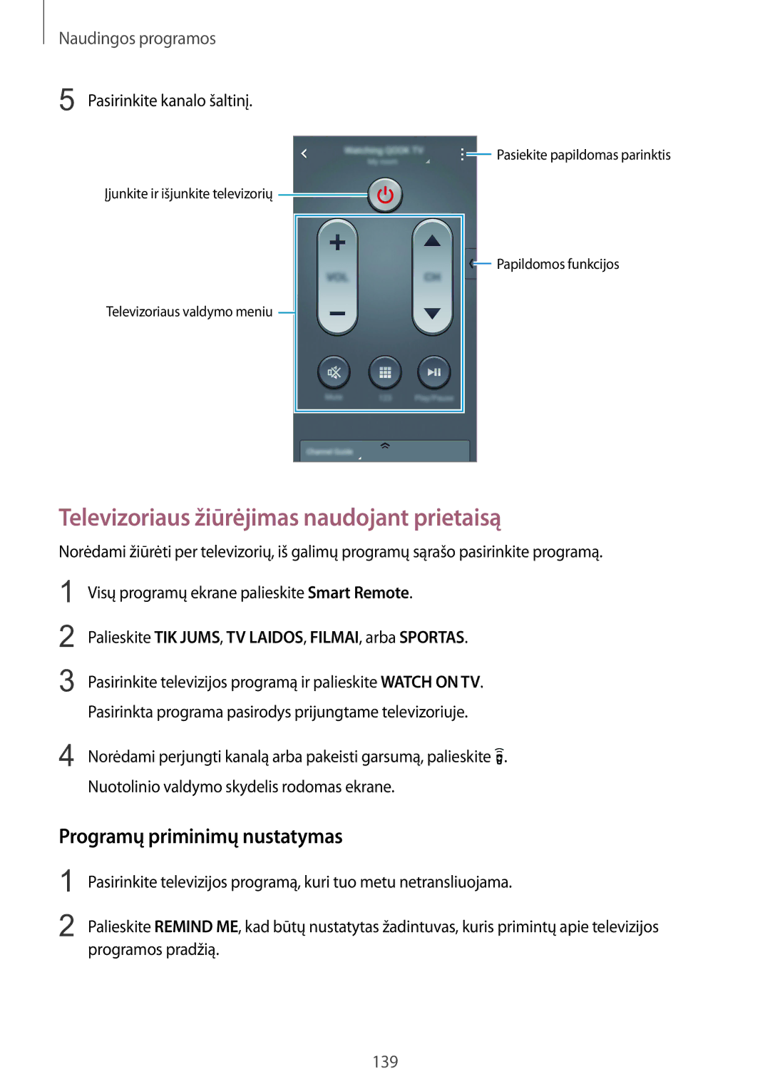 Samsung SM-N915FZWYSEB, SM-N915FZKYSEB manual Televizoriaus žiūrėjimas naudojant prietaisą, Programų priminimų nustatymas 