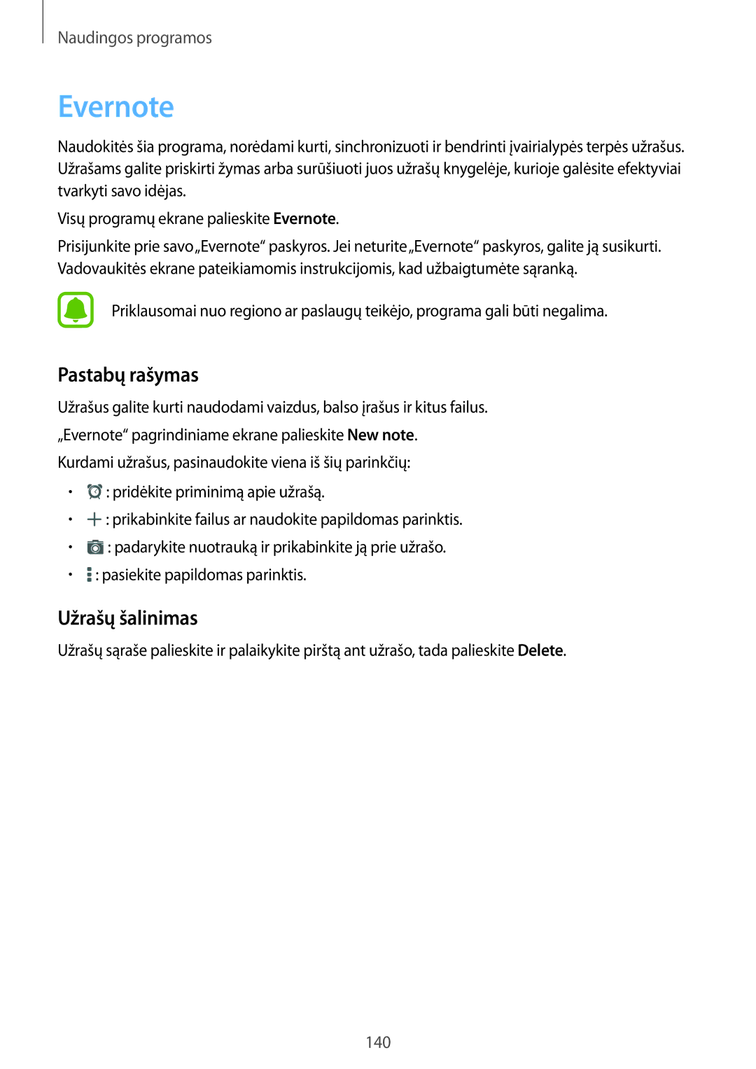 Samsung SM-N915FZKYSEB, SM-N915FZWYSEB manual Evernote, Pastabų rašymas, Užrašų šalinimas 