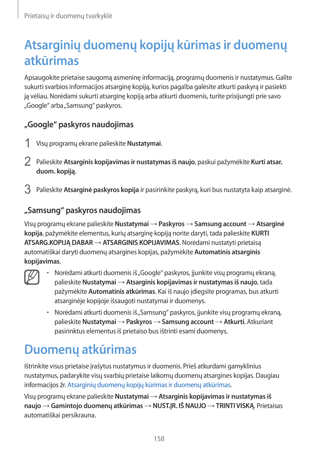 Samsung SM-N915FZKYSEB manual Atsarginių duomenų kopijų kūrimas ir duomenų atkūrimas, Duomenų atkūrimas, Kopijavimas 