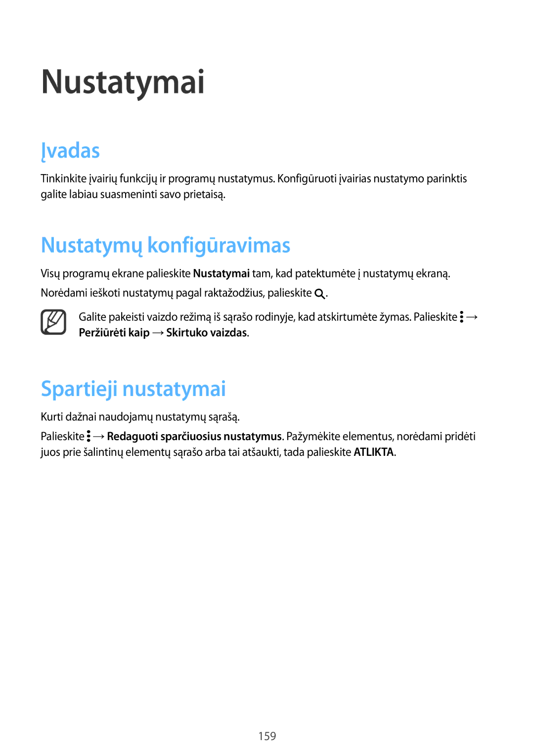 Samsung SM-N915FZWYSEB, SM-N915FZKYSEB manual Nustatymai, Įvadas, Nustatymų konfigūravimas, Spartieji nustatymai 