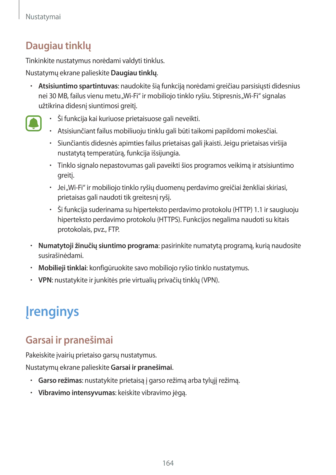 Samsung SM-N915FZKYSEB, SM-N915FZWYSEB manual Įrenginys, Daugiau tinklų, Garsai ir pranešimai 