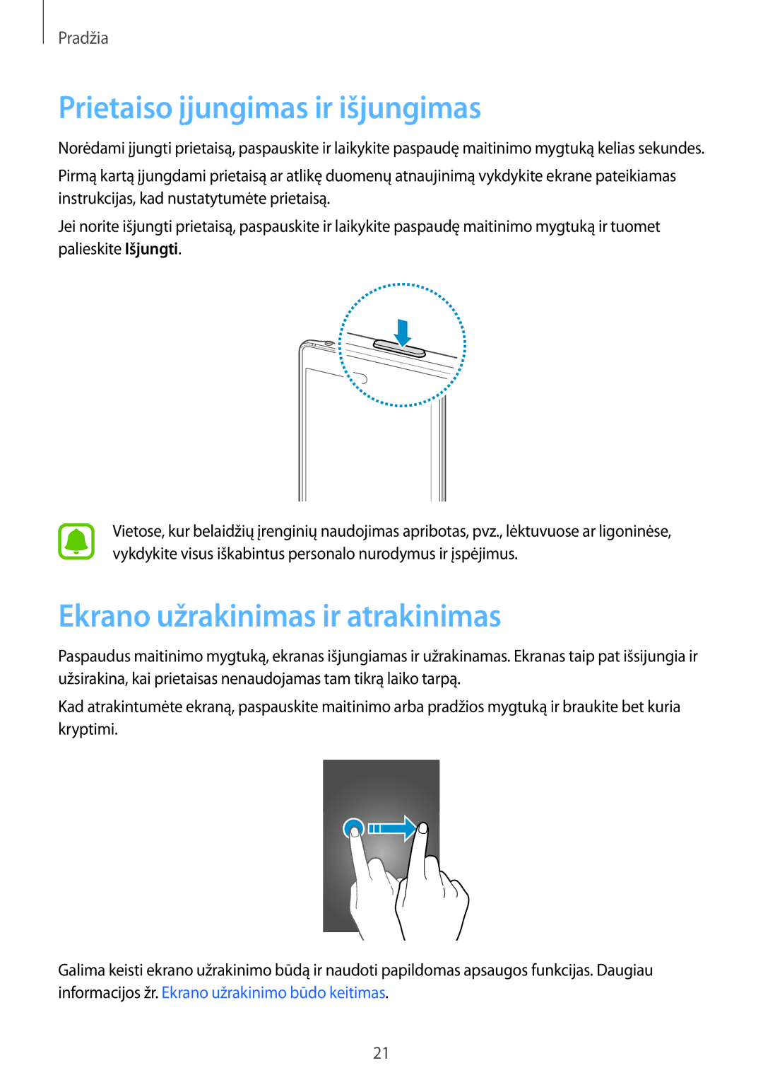 Samsung SM-N915FZWYSEB, SM-N915FZKYSEB manual Prietaiso įjungimas ir išjungimas, Ekrano užrakinimas ir atrakinimas 