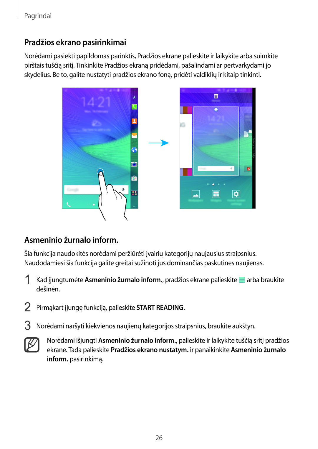 Samsung SM-N915FZKYSEB, SM-N915FZWYSEB manual Pradžios ekrano pasirinkimai, Asmeninio žurnalo inform 