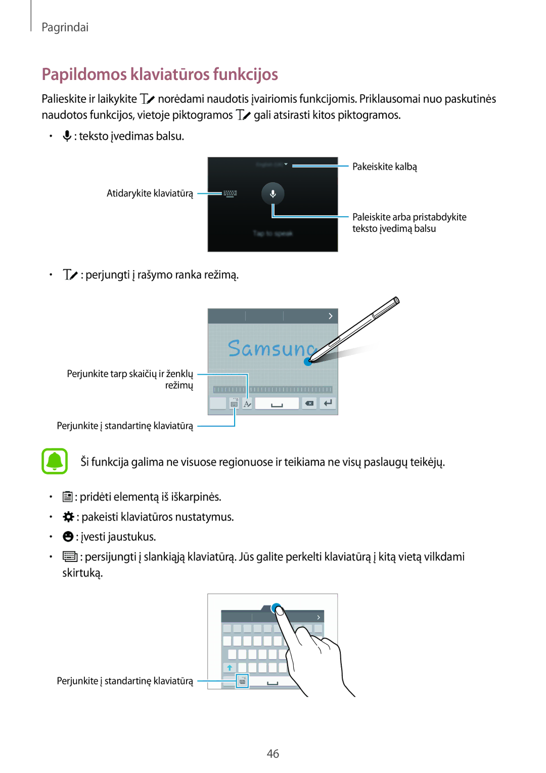 Samsung SM-N915FZKYSEB manual Papildomos klaviatūros funkcijos, Teksto įvedimas balsu, Perjungti į rašymo ranka režimą 