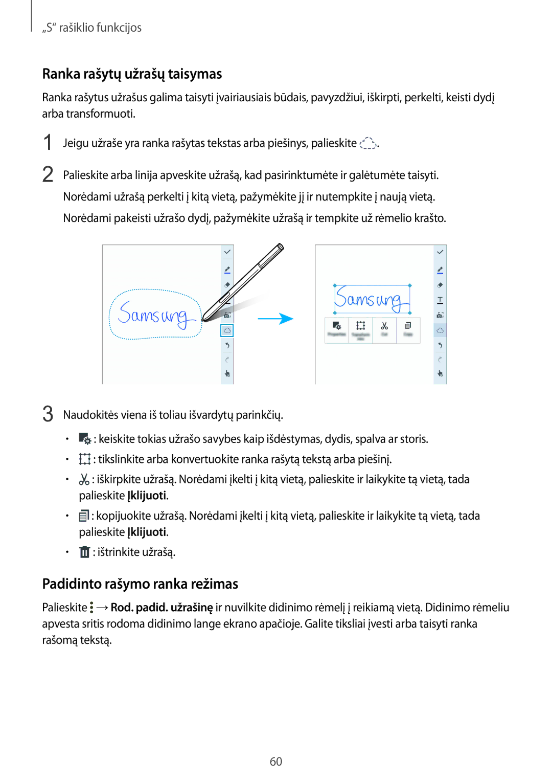 Samsung SM-N915FZKYSEB, SM-N915FZWYSEB manual Ranka rašytų užrašų taisymas, Padidinto rašymo ranka režimas 