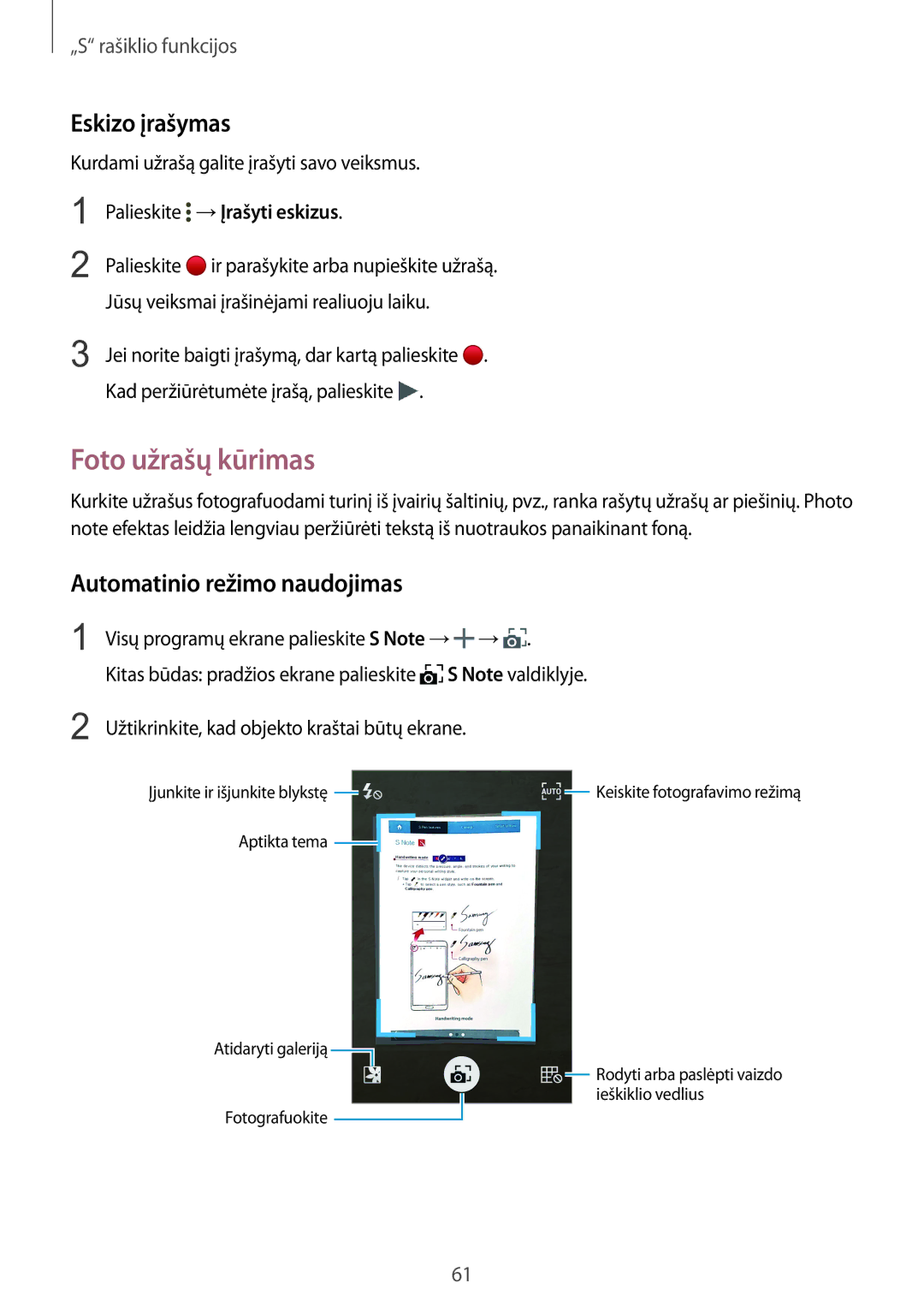 Samsung SM-N915FZWYSEB manual Foto užrašų kūrimas, Eskizo įrašymas, Automatinio režimo naudojimas, →Įrašyti eskizus 