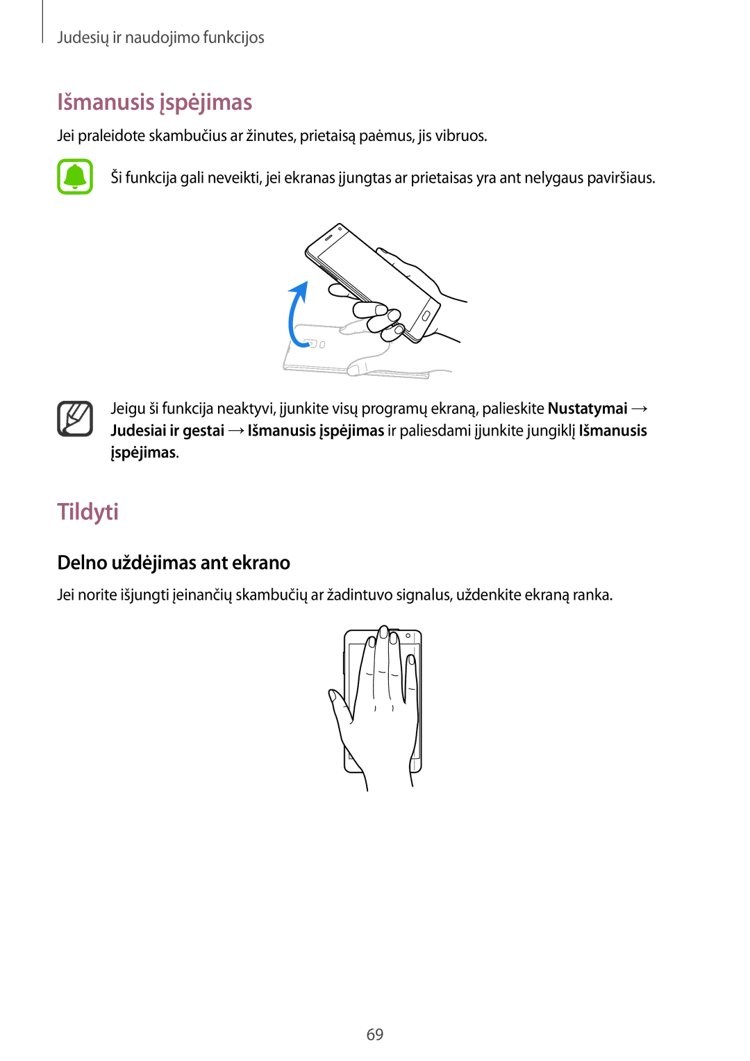 Samsung SM-N915FZWYSEB, SM-N915FZKYSEB manual Išmanusis įspėjimas, Tildyti, Delno uždėjimas ant ekrano 