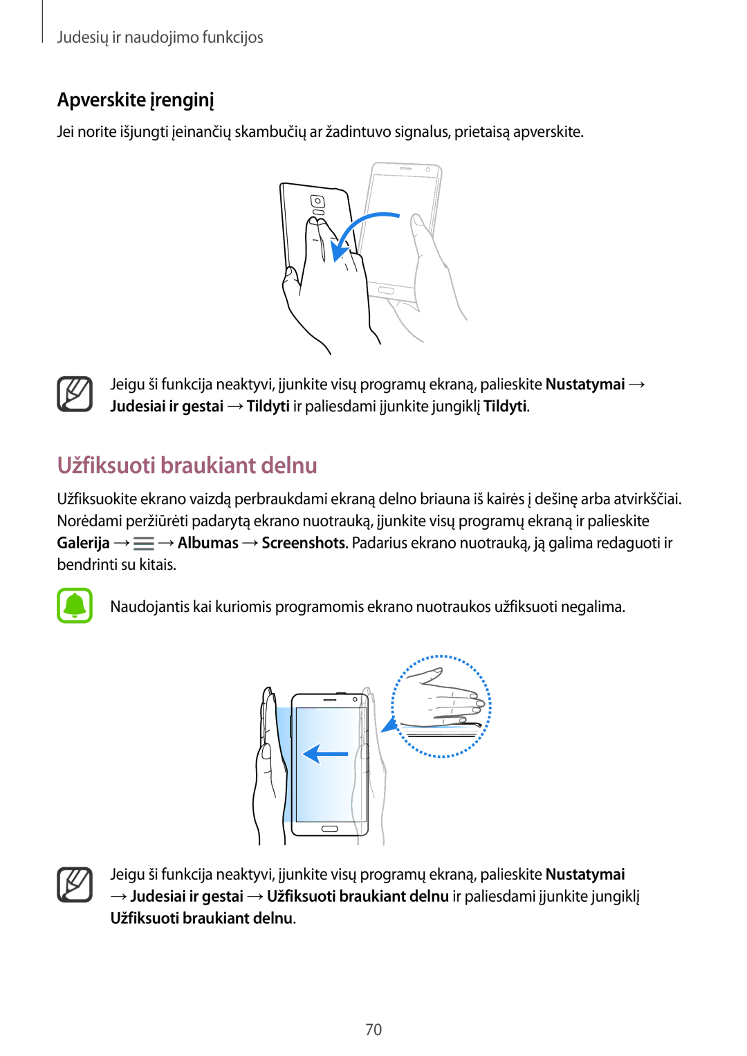 Samsung SM-N915FZKYSEB, SM-N915FZWYSEB manual Užfiksuoti braukiant delnu, Apverskite įrenginį 