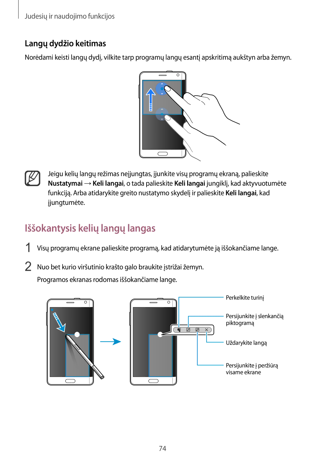 Samsung SM-N915FZKYSEB, SM-N915FZWYSEB manual Iššokantysis kelių langų langas, Langų dydžio keitimas 