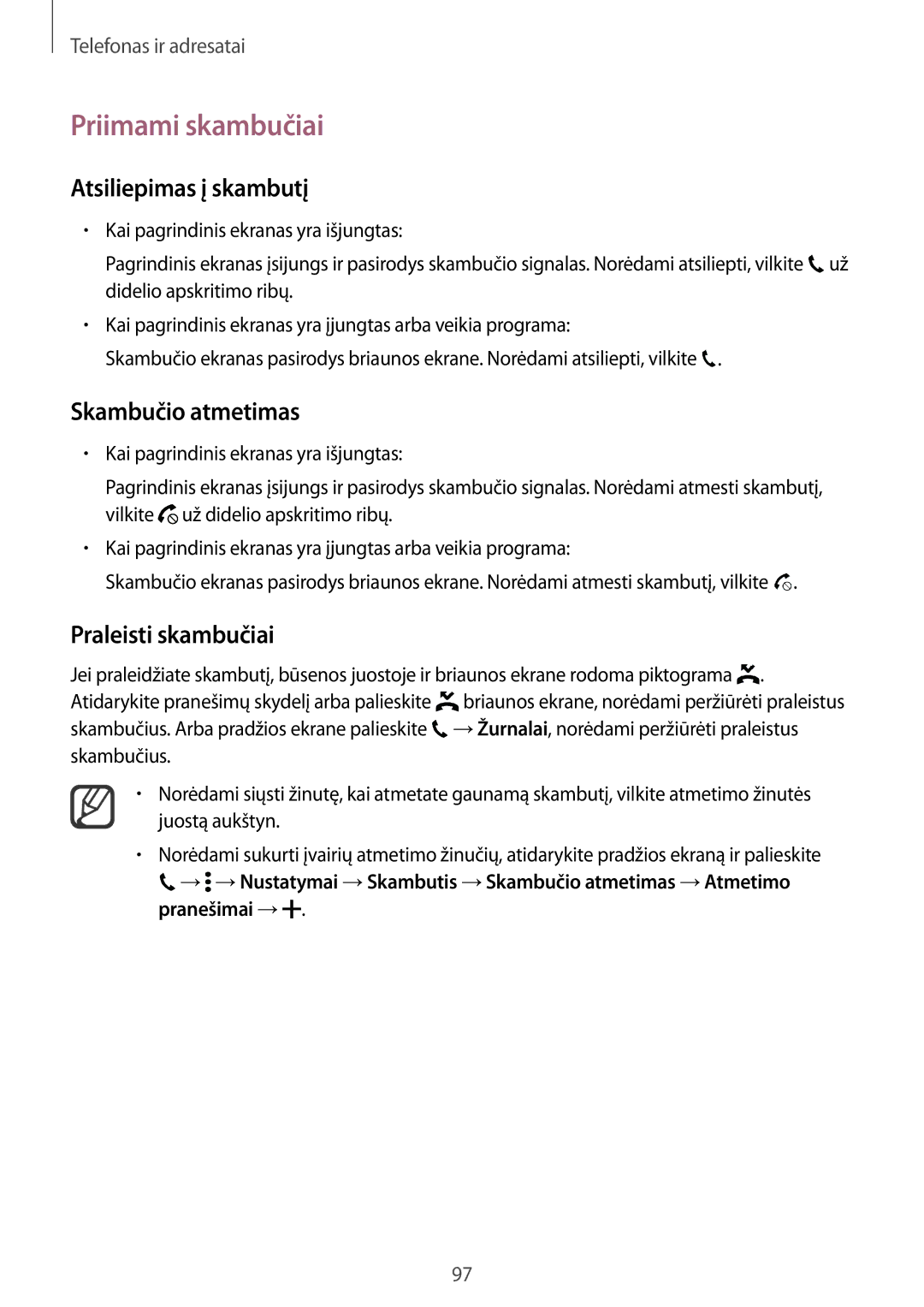 Samsung SM-N915FZWYSEB manual Priimami skambučiai, Atsiliepimas į skambutį, Skambučio atmetimas, Praleisti skambučiai 