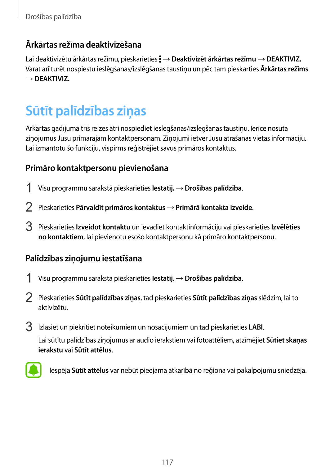 Samsung SM-N915FZWYSEB manual Sūtīt palīdzības ziņas, Ārkārtas režīma deaktivizēšana, Primāro kontaktpersonu pievienošana 