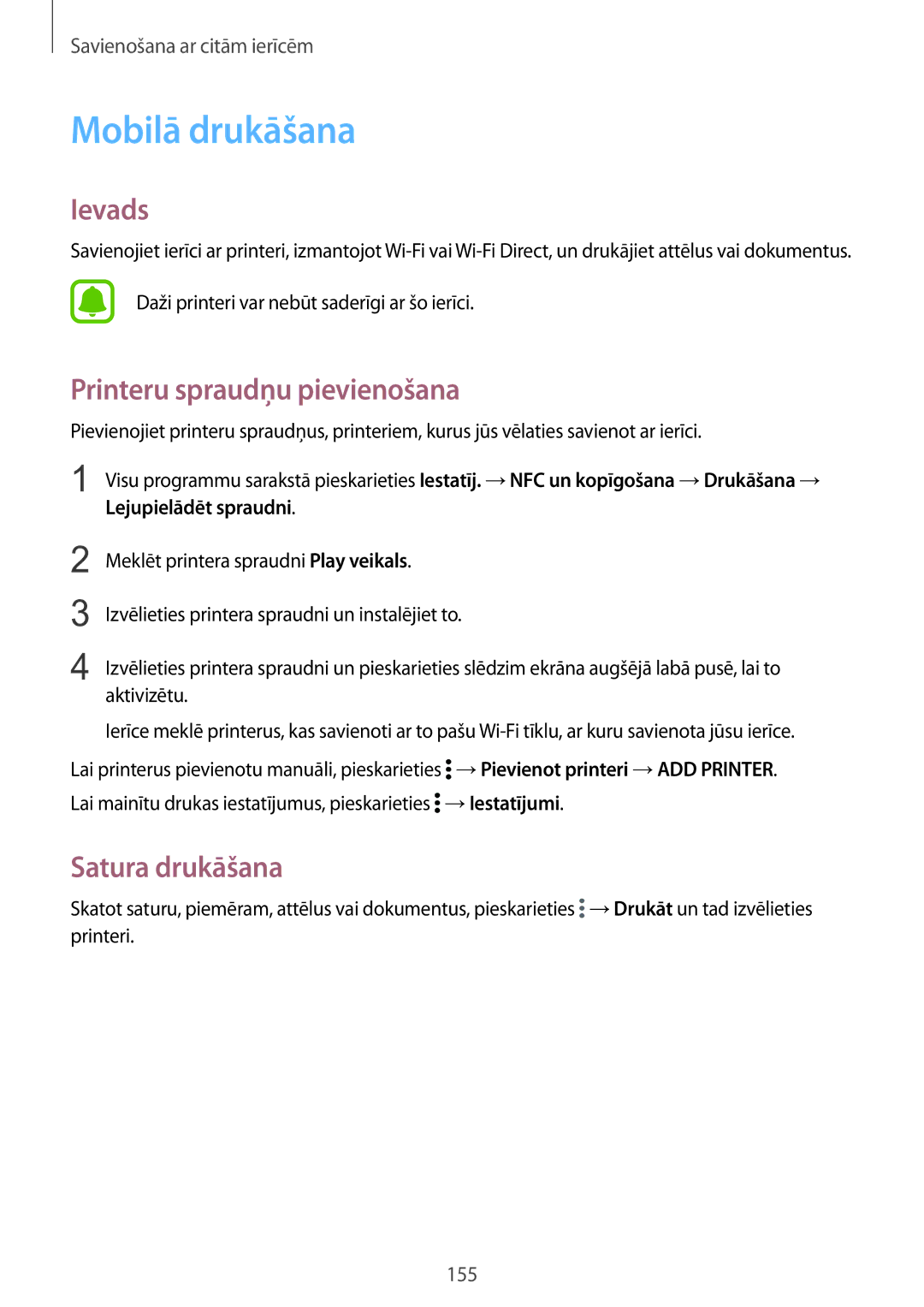 Samsung SM-N915FZWYSEB, SM-N915FZKYSEB manual Mobilā drukāšana, Printeru spraudņu pievienošana, Satura drukāšana 