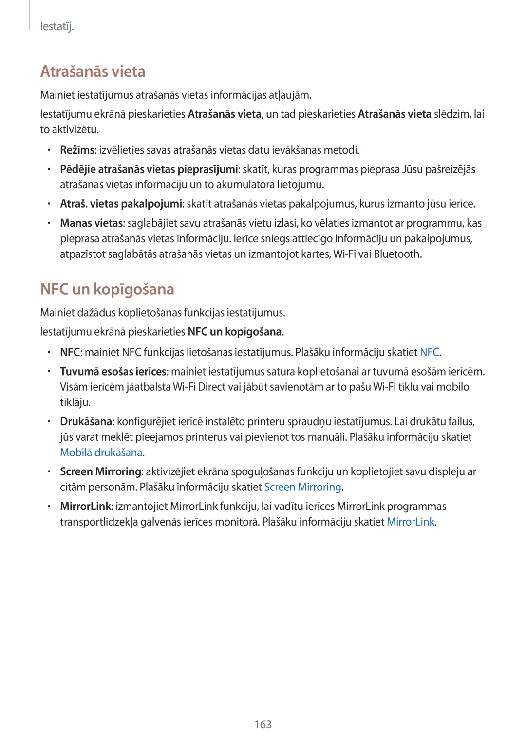 Samsung SM-N915FZWYSEB, SM-N915FZKYSEB manual Atrašanās vieta, NFC un kopīgošana 