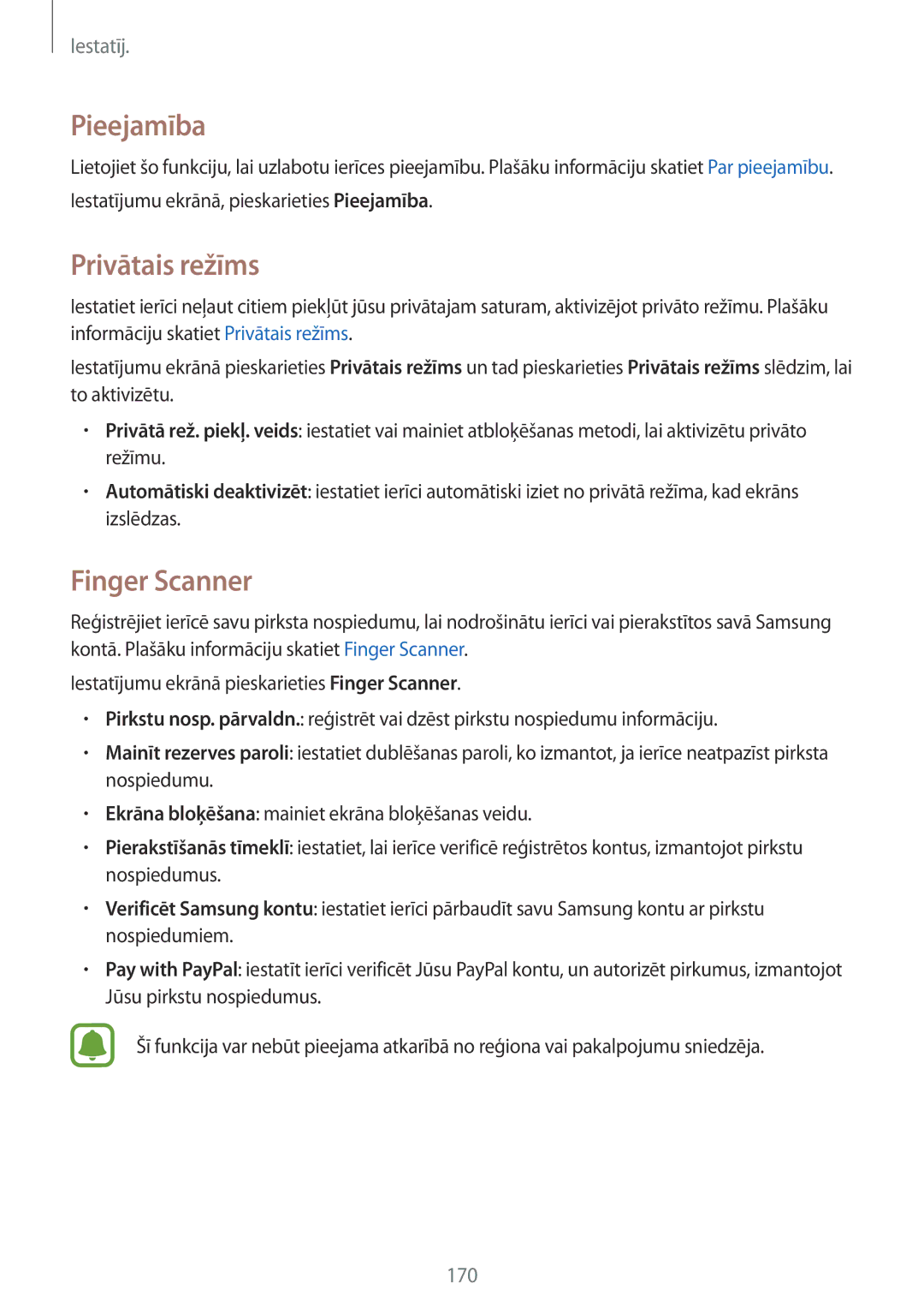 Samsung SM-N915FZKYSEB, SM-N915FZWYSEB manual Pieejamība, Privātais režīms, Finger Scanner 