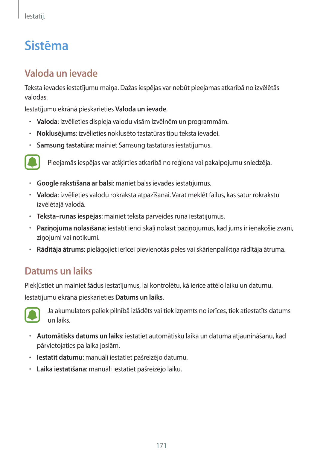 Samsung SM-N915FZWYSEB, SM-N915FZKYSEB manual Sistēma, Valoda un ievade, Datums un laiks 