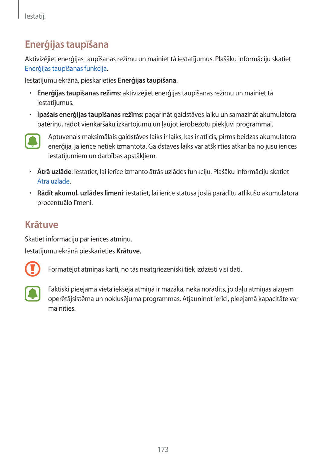 Samsung SM-N915FZWYSEB, SM-N915FZKYSEB manual Enerģijas taupīšana, Krātuve 