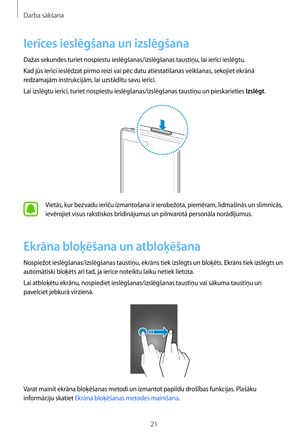 Samsung SM-N915FZWYSEB, SM-N915FZKYSEB manual Ierīces ieslēgšana un izslēgšana, Ekrāna bloķēšana un atbloķēšana 