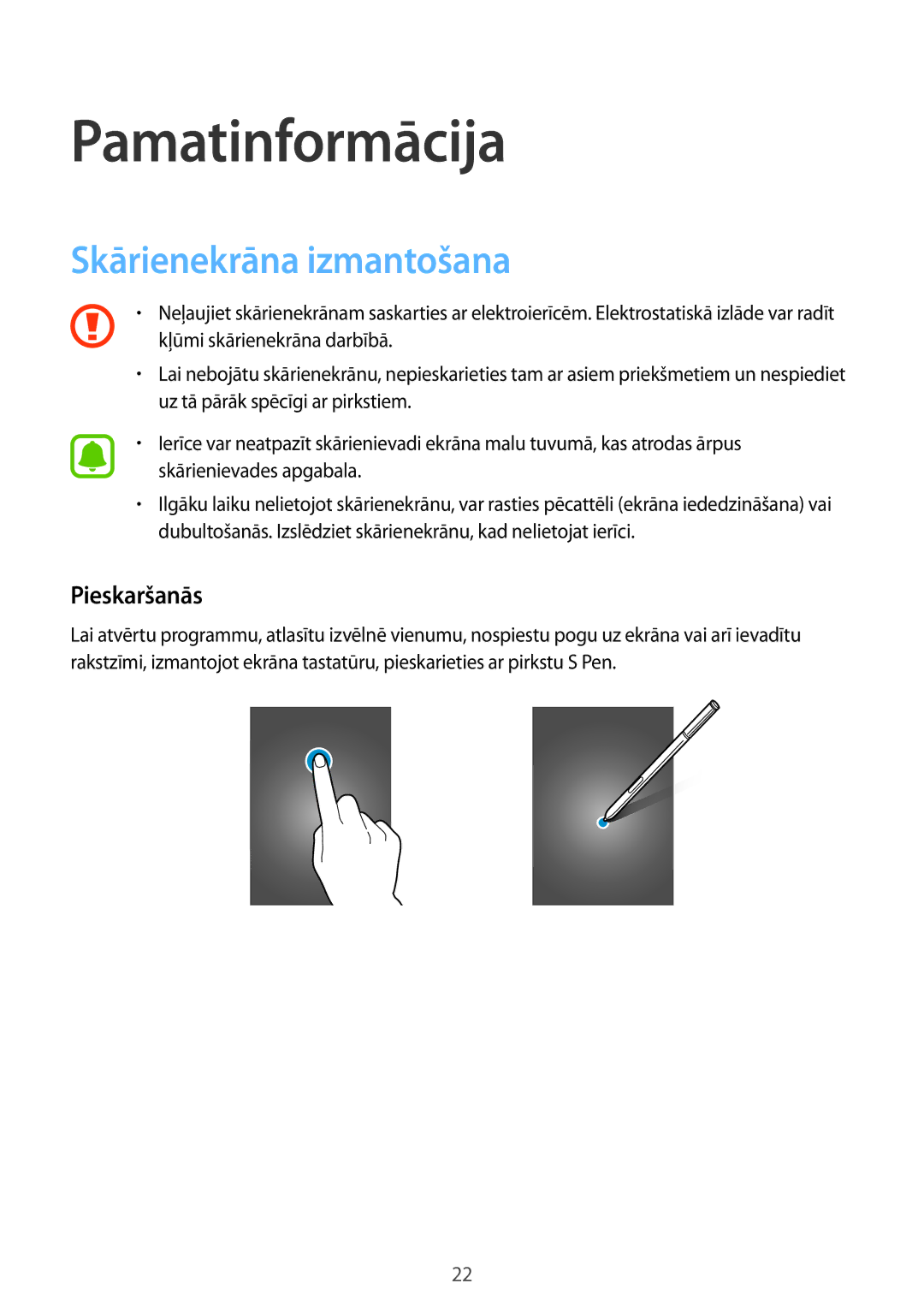 Samsung SM-N915FZKYSEB, SM-N915FZWYSEB manual Pamatinformācija, Skārienekrāna izmantošana, Pieskaršanās 