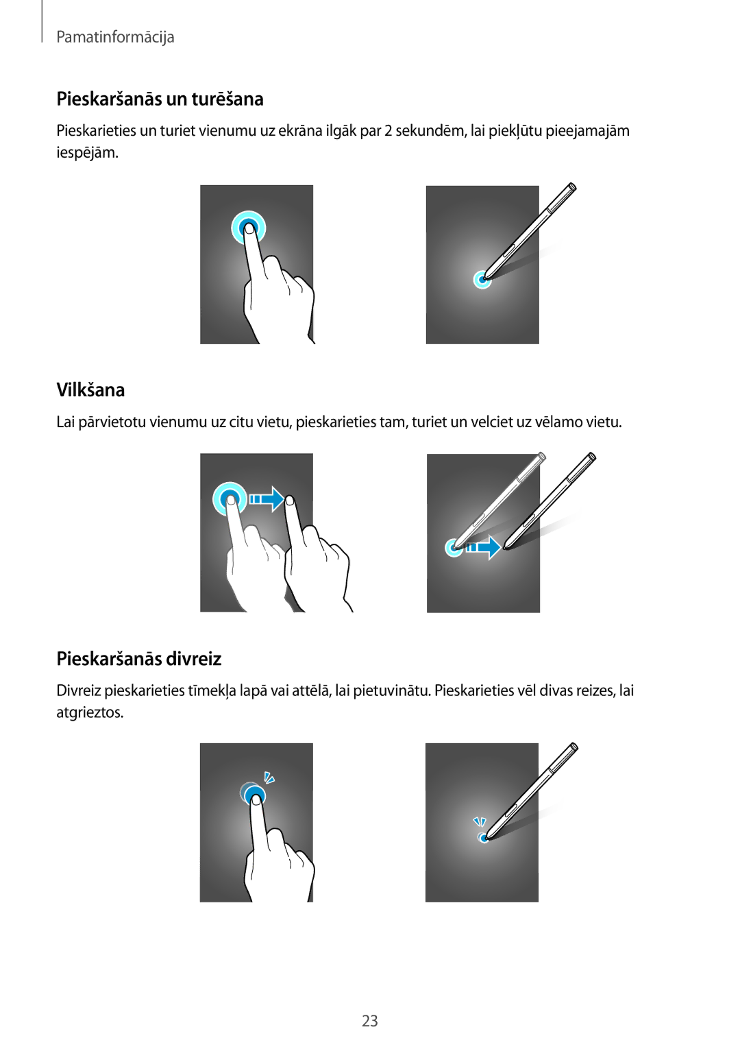 Samsung SM-N915FZWYSEB, SM-N915FZKYSEB manual Pieskaršanās un turēšana, Vilkšana, Pieskaršanās divreiz 