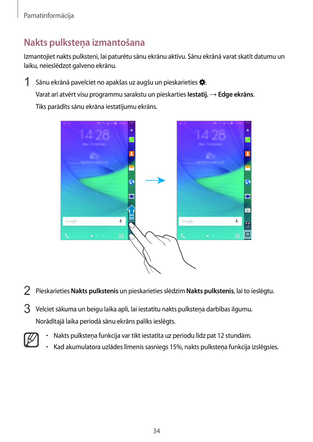 Samsung SM-N915FZKYSEB, SM-N915FZWYSEB manual Nakts pulksteņa izmantošana 