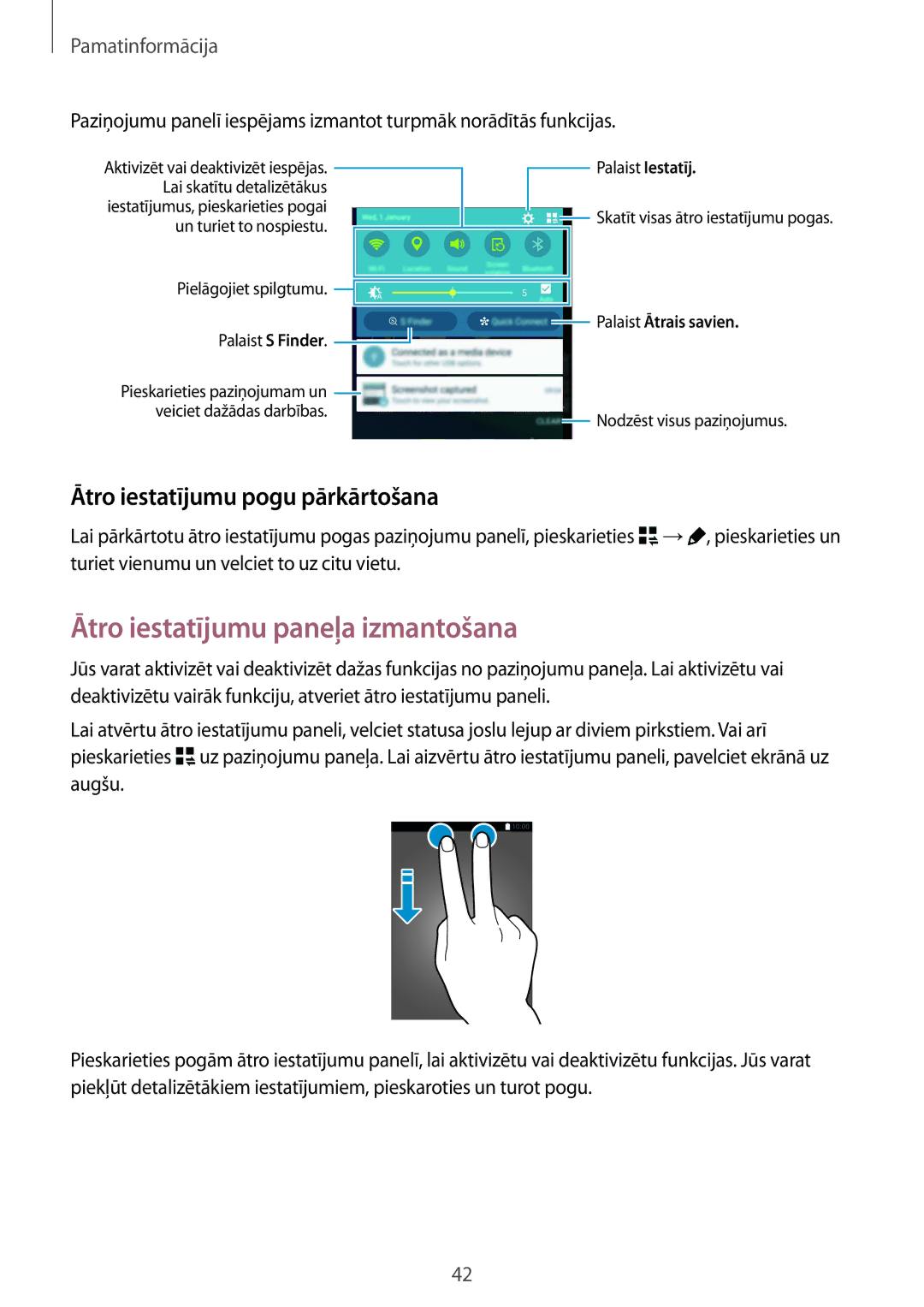 Samsung SM-N915FZKYSEB, SM-N915FZWYSEB manual Ātro iestatījumu paneļa izmantošana, Ātro iestatījumu pogu pārkārtošana 