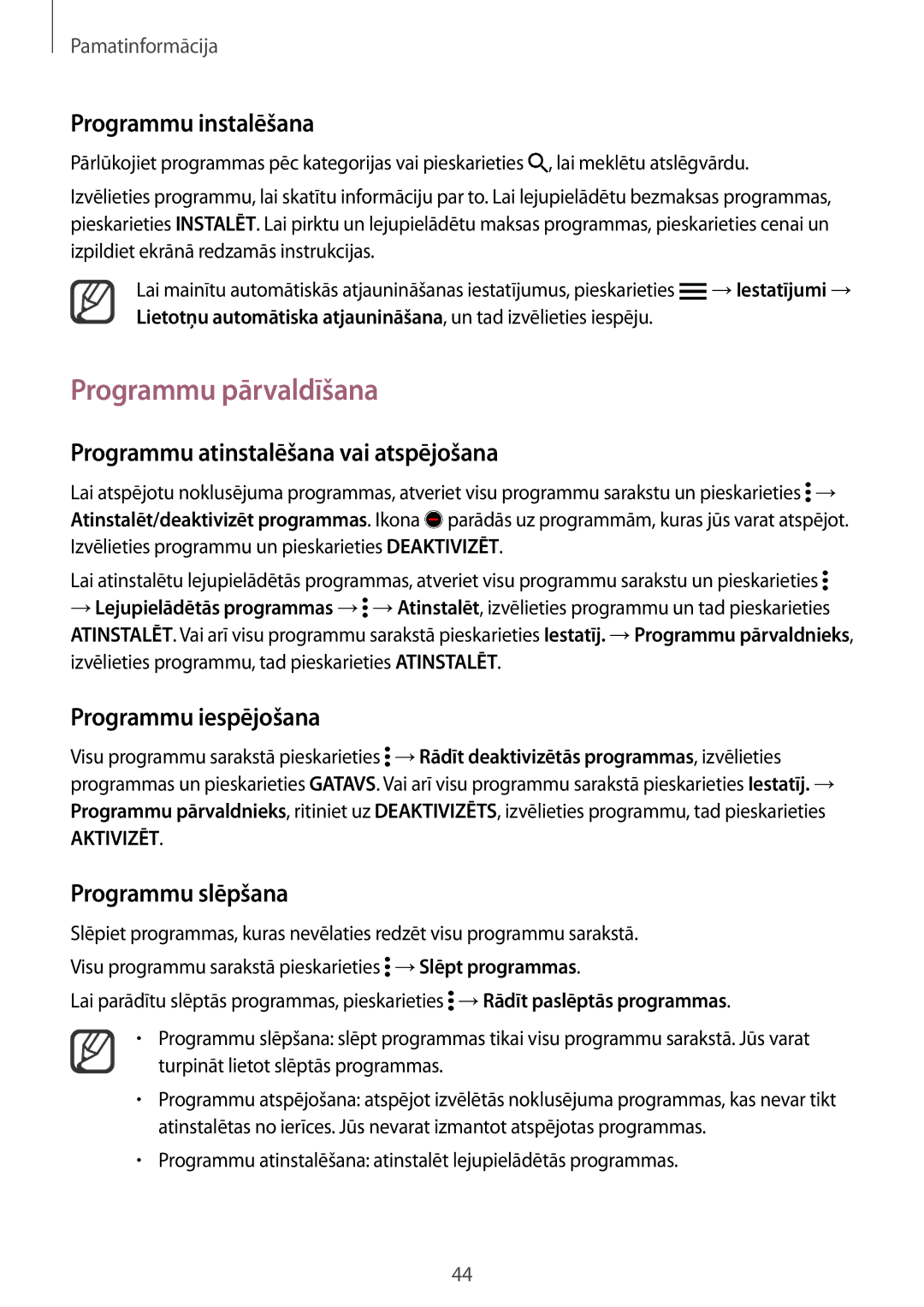 Samsung SM-N915FZKYSEB manual Programmu pārvaldīšana, Programmu atinstalēšana vai atspējošana, Programmu iespējošana 