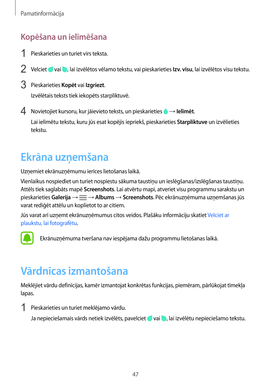 Samsung SM-N915FZWYSEB, SM-N915FZKYSEB manual Ekrāna uzņemšana, Vārdnīcas izmantošana, Kopēšana un ielīmēšana 