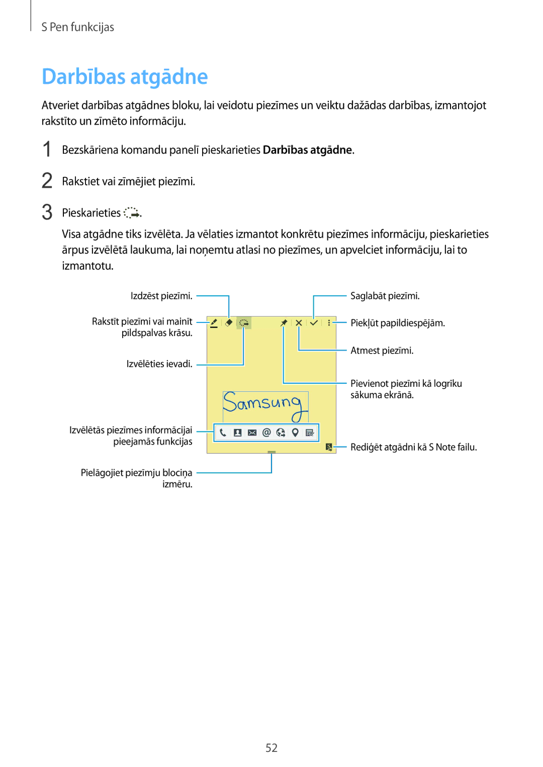 Samsung SM-N915FZKYSEB, SM-N915FZWYSEB manual Darbības atgādne 