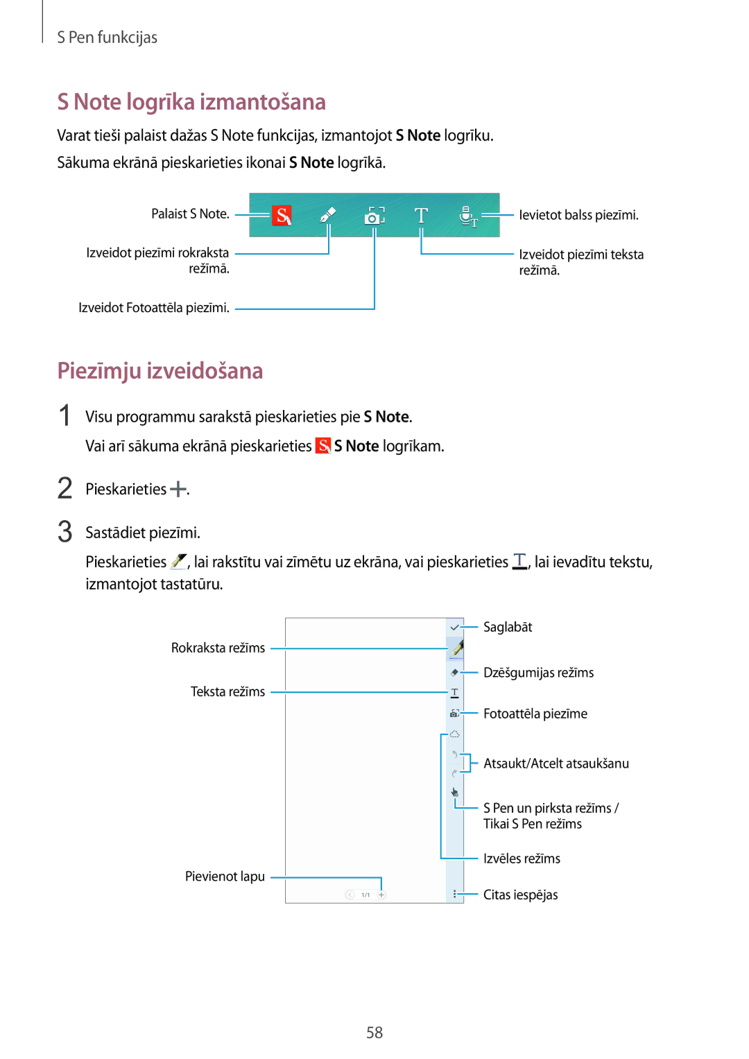 Samsung SM-N915FZKYSEB, SM-N915FZWYSEB manual Piezīmju izveidošana 