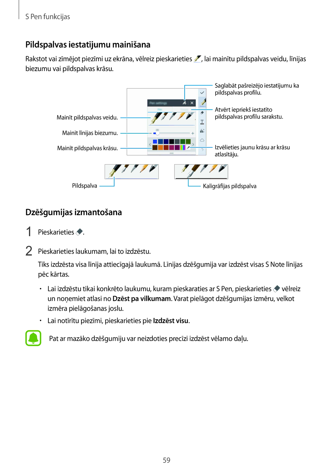 Samsung SM-N915FZWYSEB, SM-N915FZKYSEB manual Pildspalvas iestatījumu mainīšana, Dzēšgumijas izmantošana 